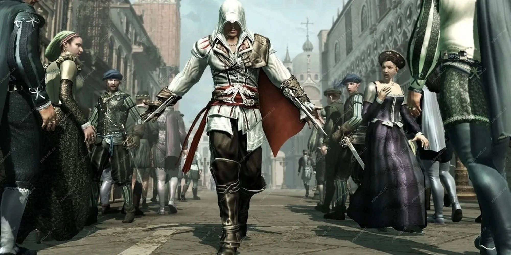 Ezio Auditore biểu diễn kỹ năng dùng lưỡi dao ẩn đặc trưng trong Assassin's Creed 2 tại bối cảnh Florence thời Phục Hưng.
