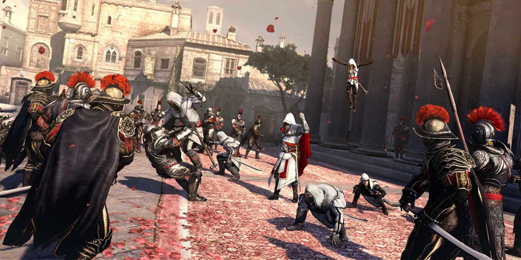 Ezio Auditore cùng đồng đội hạ gục lính gác trong Assassin's Creed Brotherhood, chiến đấu trên đường phố Rome.