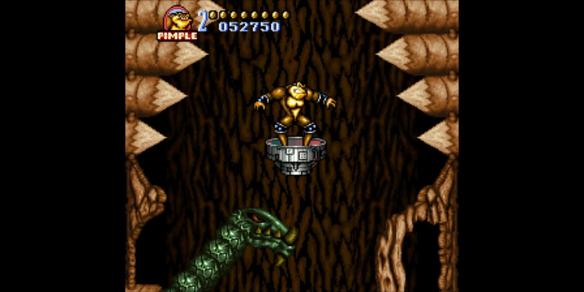 Gameplay Battletoads in Battlemaniacs SNES với Rash và Pimple đang chiến đấu trong màn hình ngang.