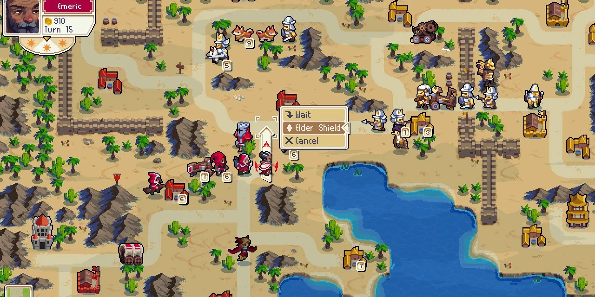 Gameplay chiến thuật theo lượt trong Wargroove với các đơn vị quân đội pixel art