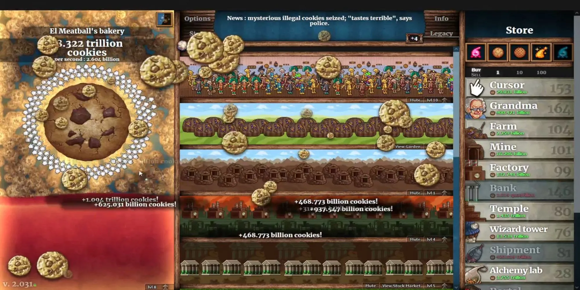 Gameplay của Cookie Clicker trên Steam, với vô số bánh quy và các công trình nâng cấp