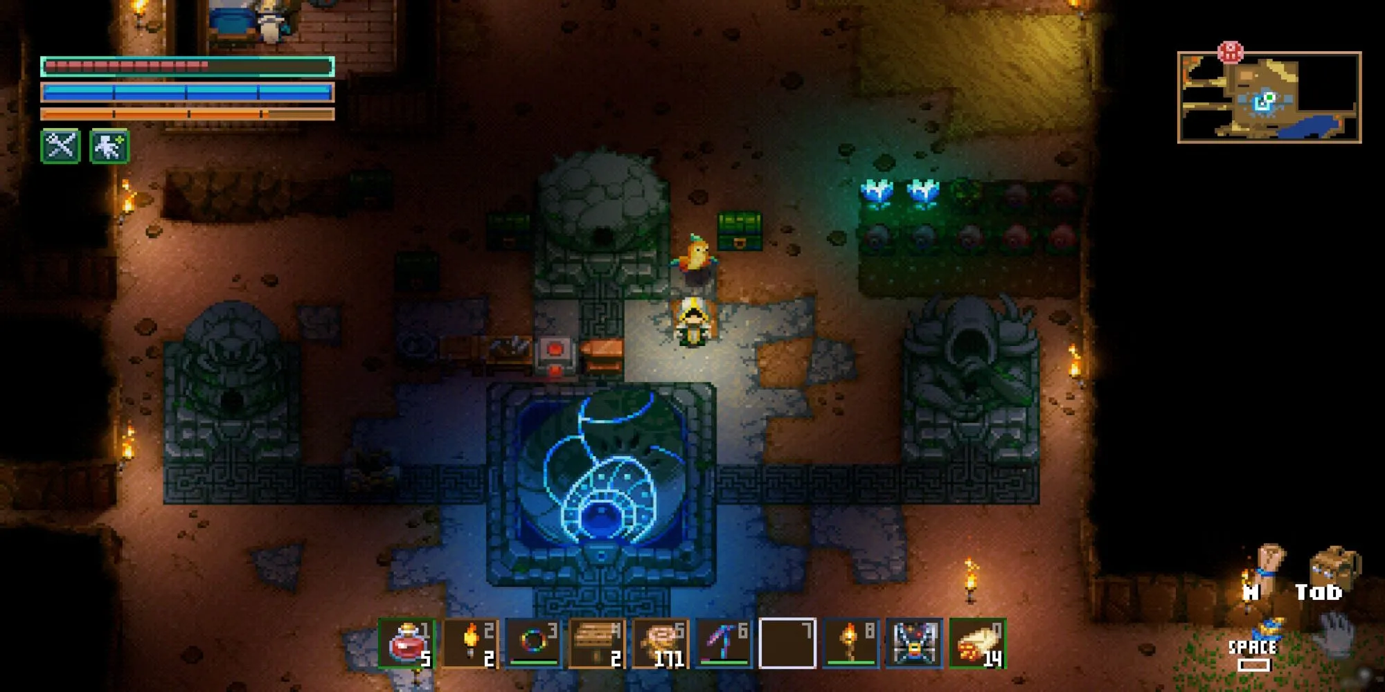 Gameplay của Core Keeper với nhân vật đang khám phá một hang động dưới lòng đất đầy khoáng sản và quái vật
