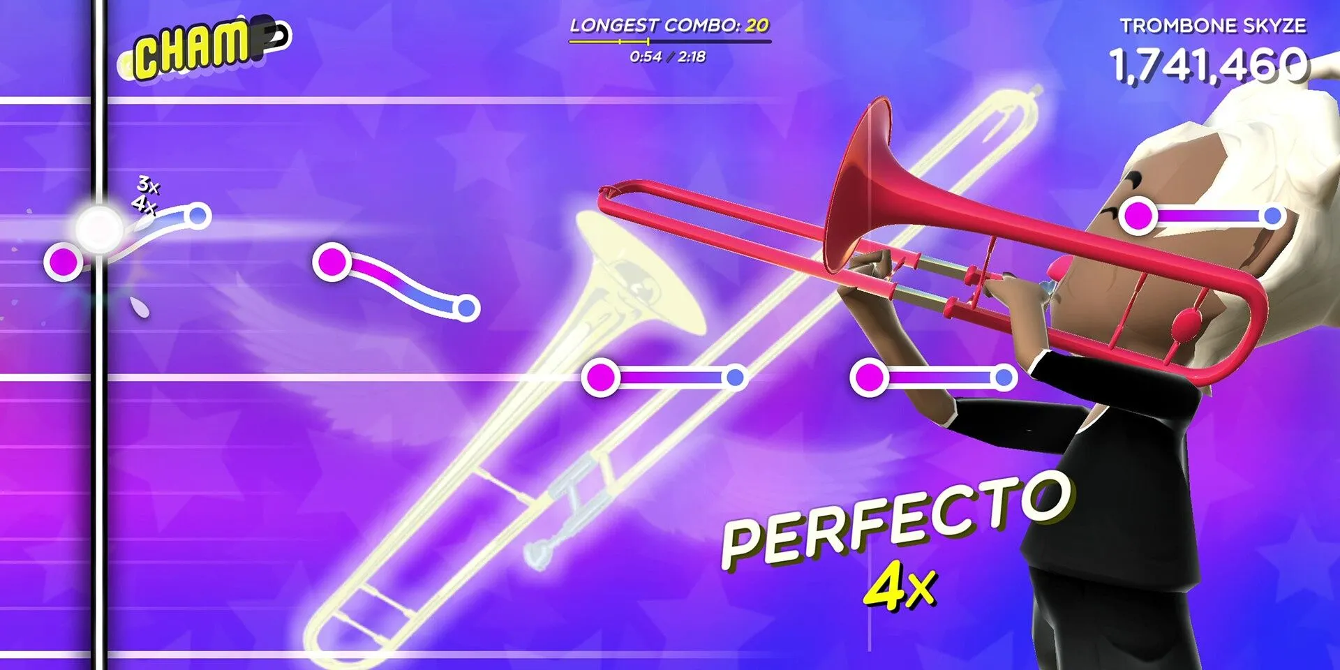 Gameplay của Trombone Champ với nốt nhạc di chuyển