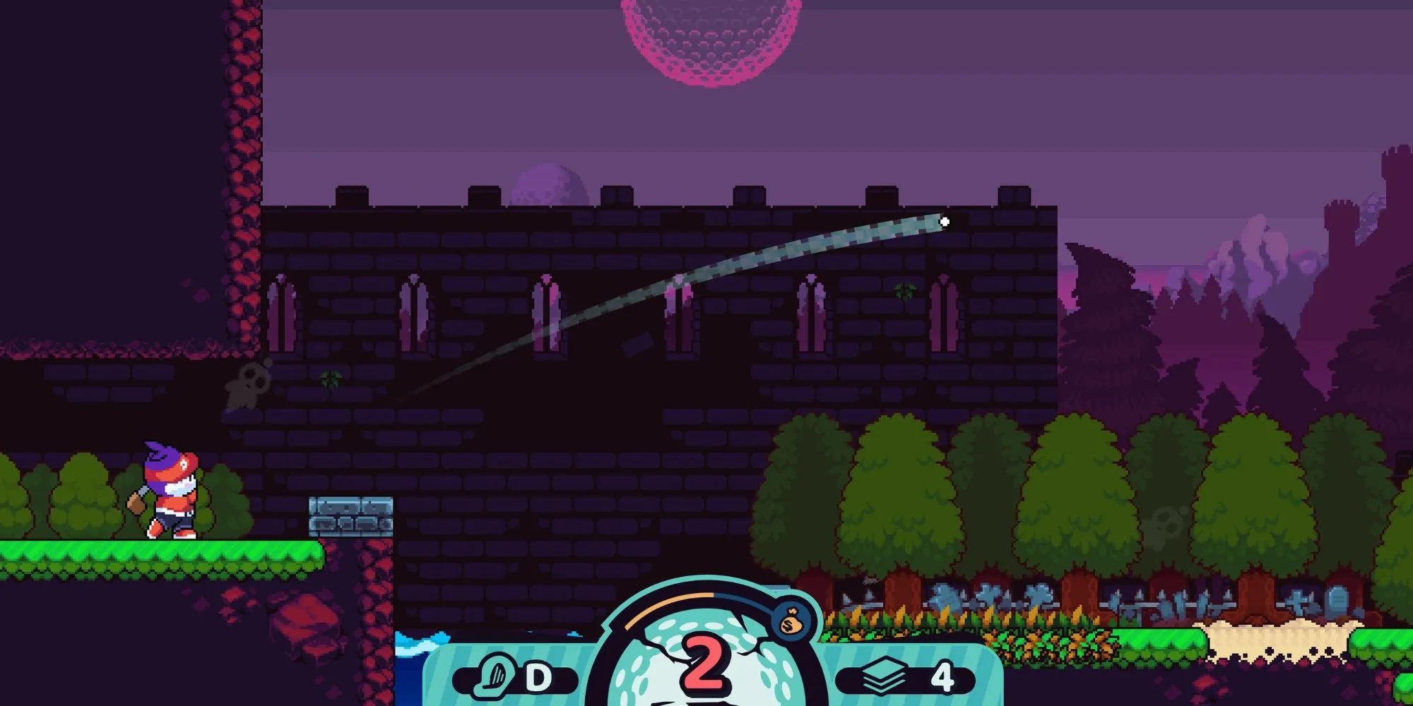Gameplay Cursed to Golf với nhân vật đang đánh golf trong địa ngục đầy cạm bẫy