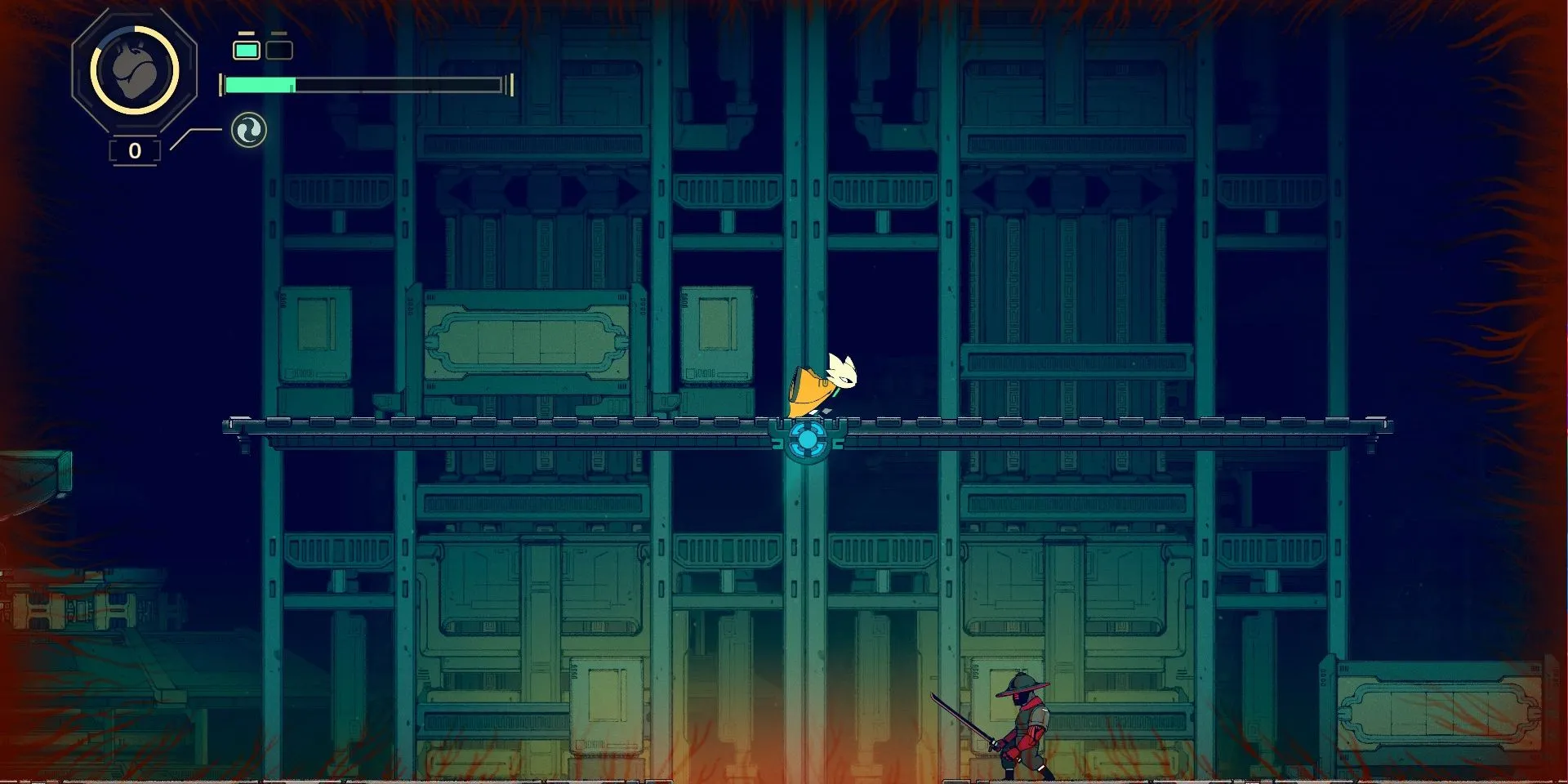 Gameplay Nine Sols với nhân vật chính Yi sử dụng dây móc để di chuyển