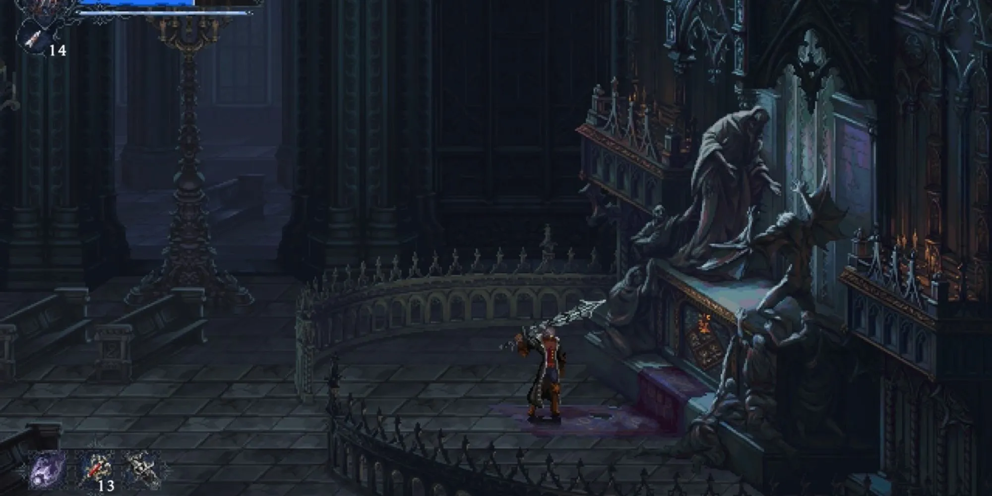 Gameplay The Last Faith với nhân vật chính đối đầu quái vật trong bối cảnh gothic pixel art