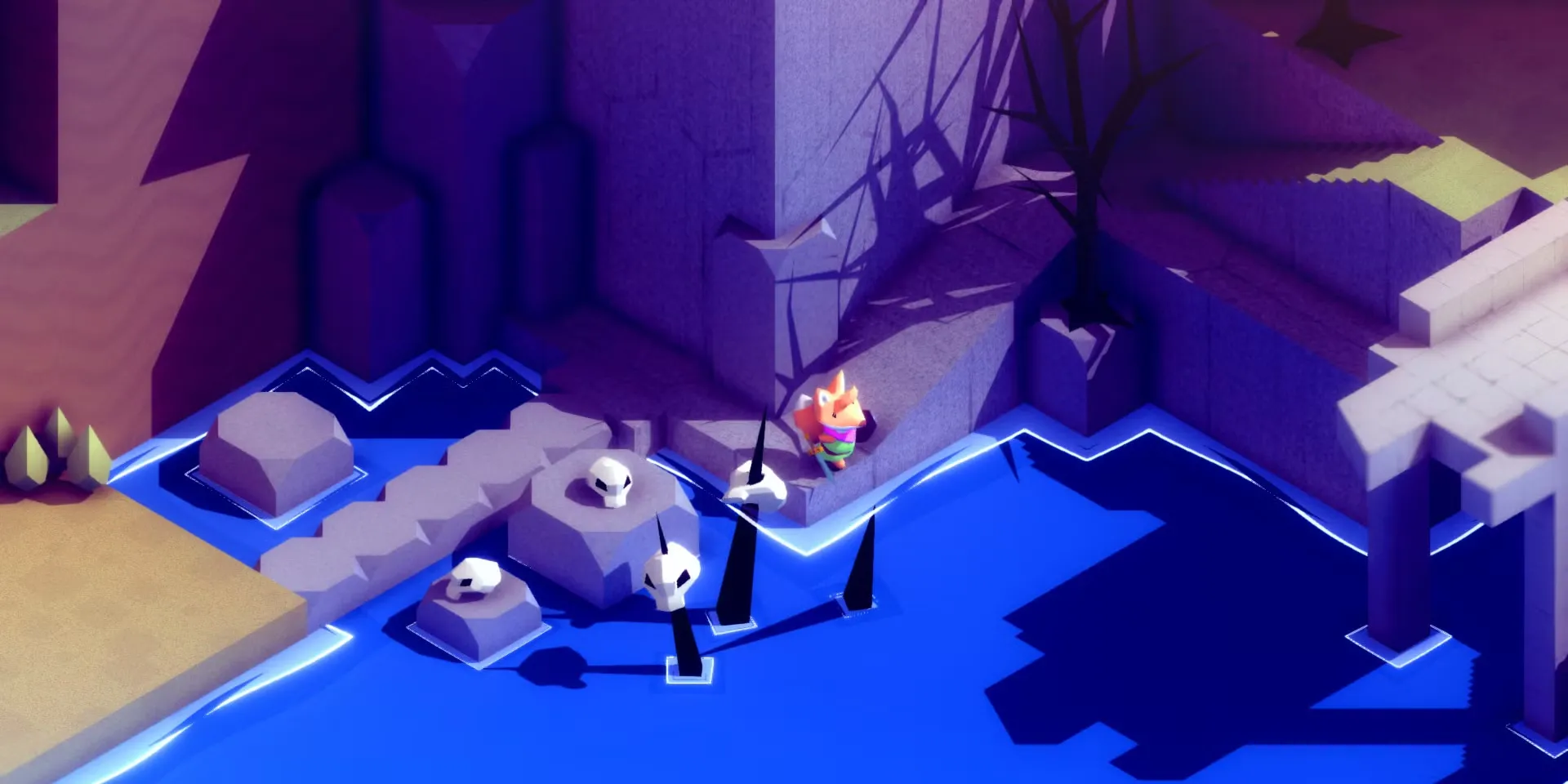 Gameplay Tunic hiển thị nhân vật cáo nhỏ chiến đấu trong môi trường đầy màu sắc