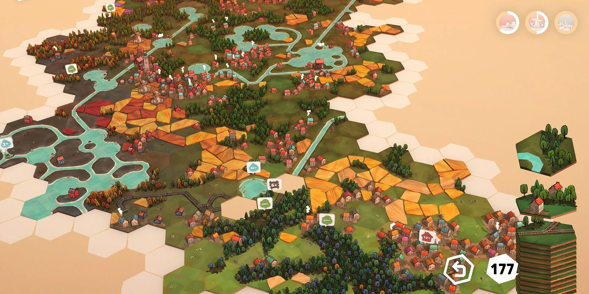 Gameplay xây dựng cảnh quan trong Dorfromantik với các ô lục giác