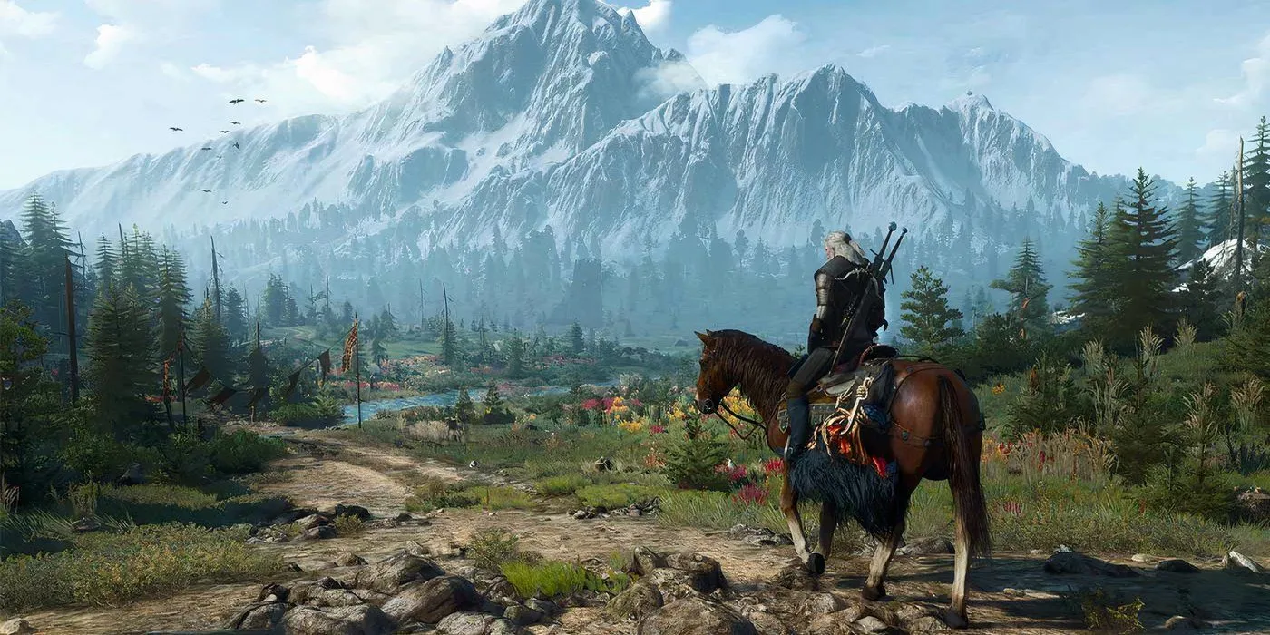 Geralt trên lưng ngựa Roach khám phá vùng đất rộng lớn và hiểm trở trong The Witcher 3