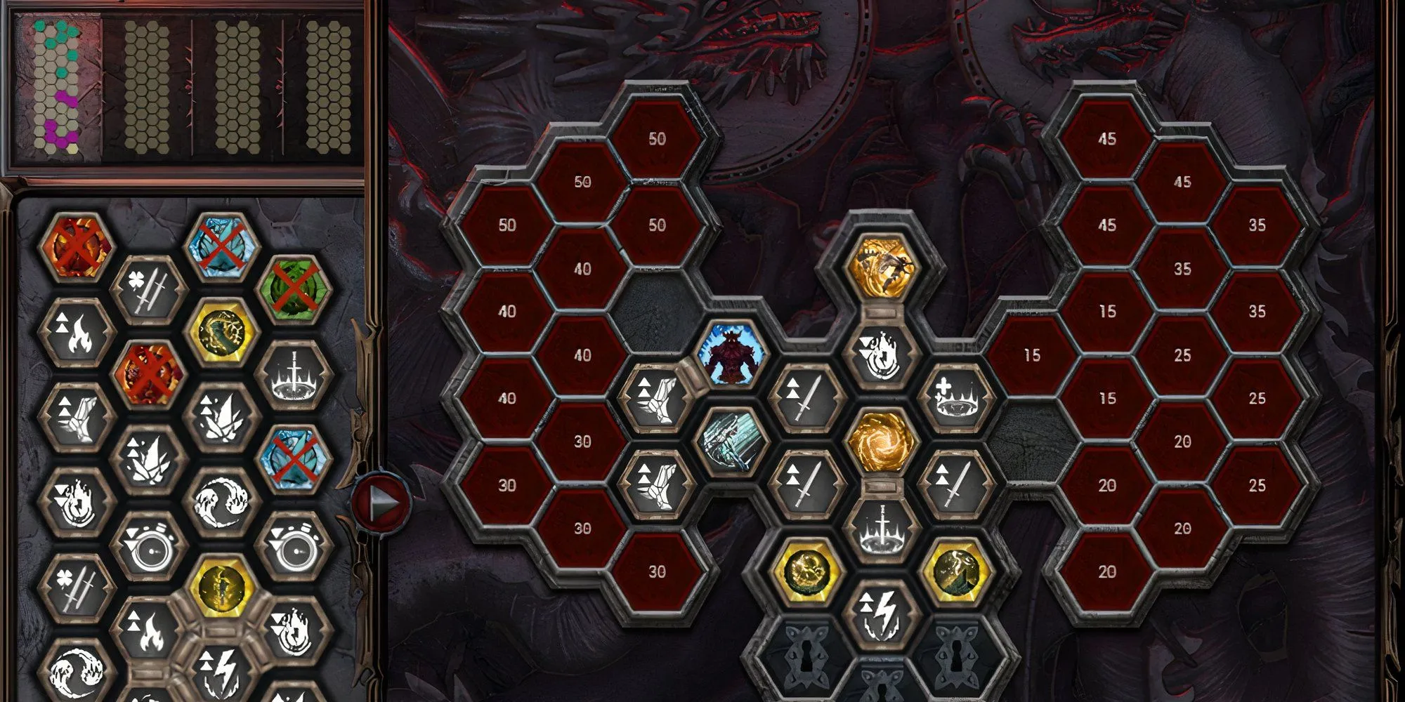Giao diện Ancestral Grid trong Dragonkin The Banished hiển thị các mảnh Hex và tiến trình mở khóa