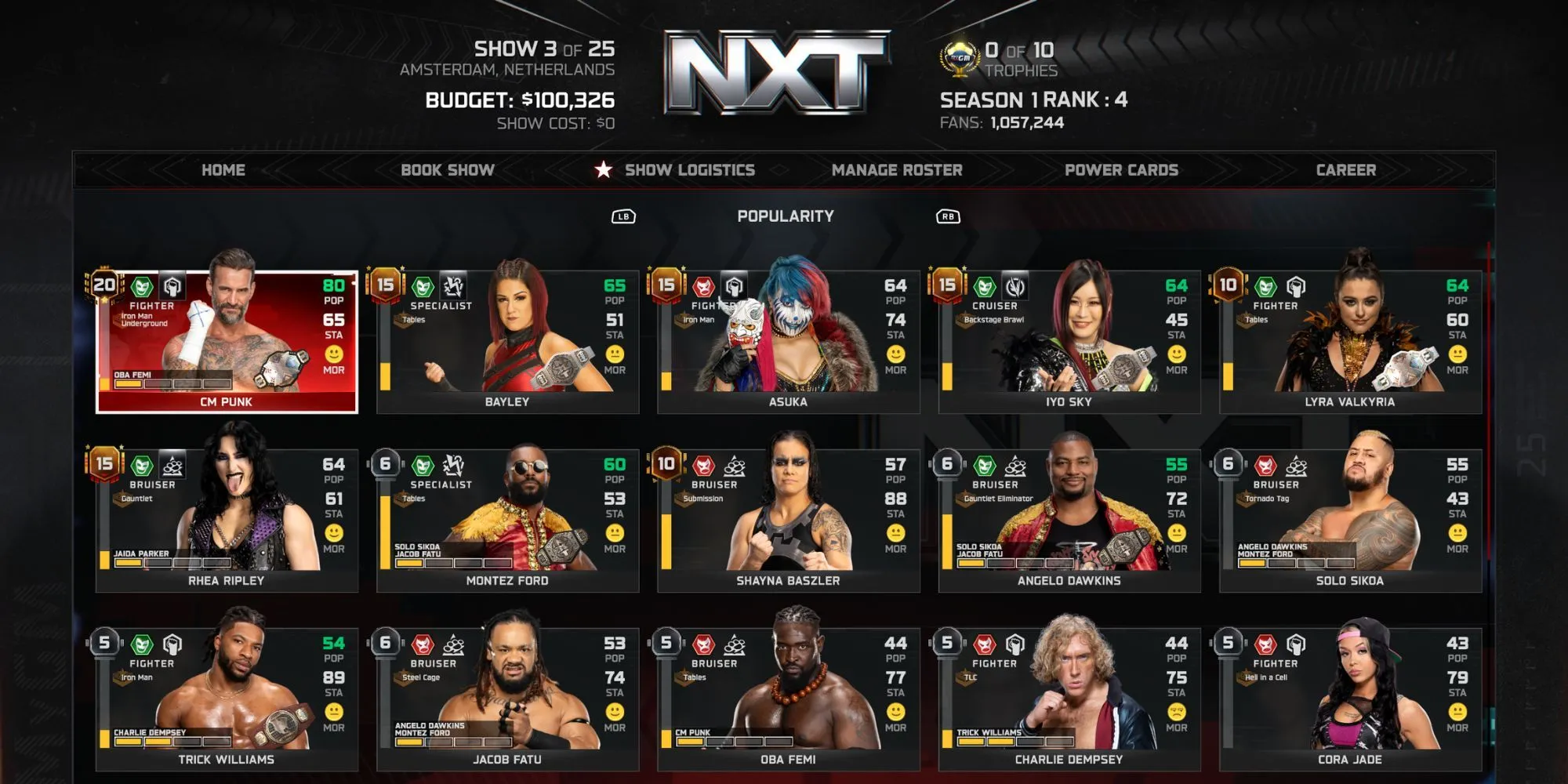 Giao diện chế độ MyGM trong WWE 2K25 hiển thị các đô vật