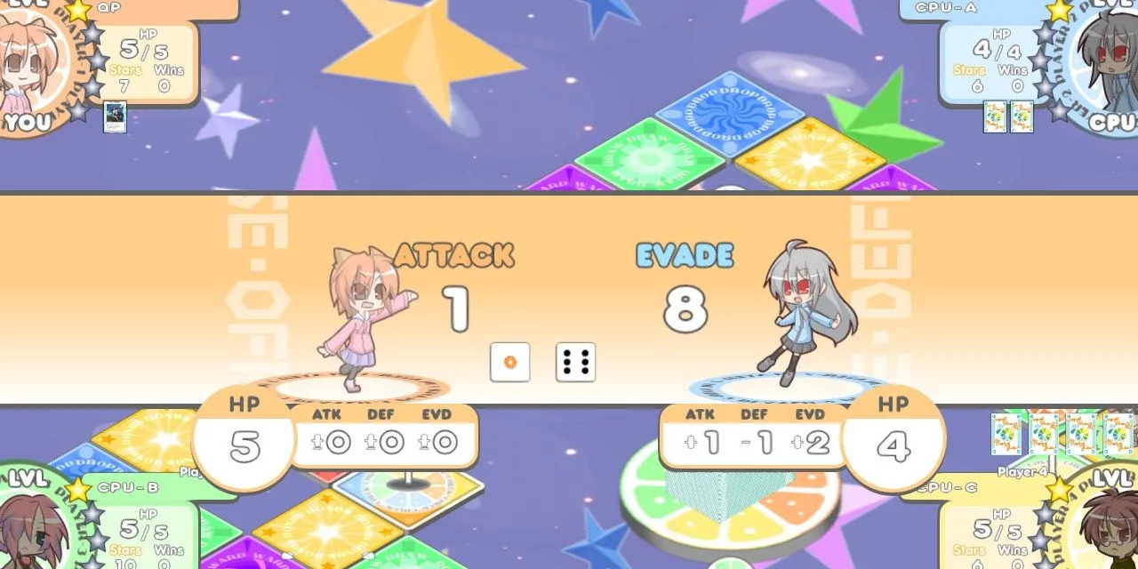 Giao diện chiến đấu trong game 100% Orange Juice với các nhân vật anime và ô cờ