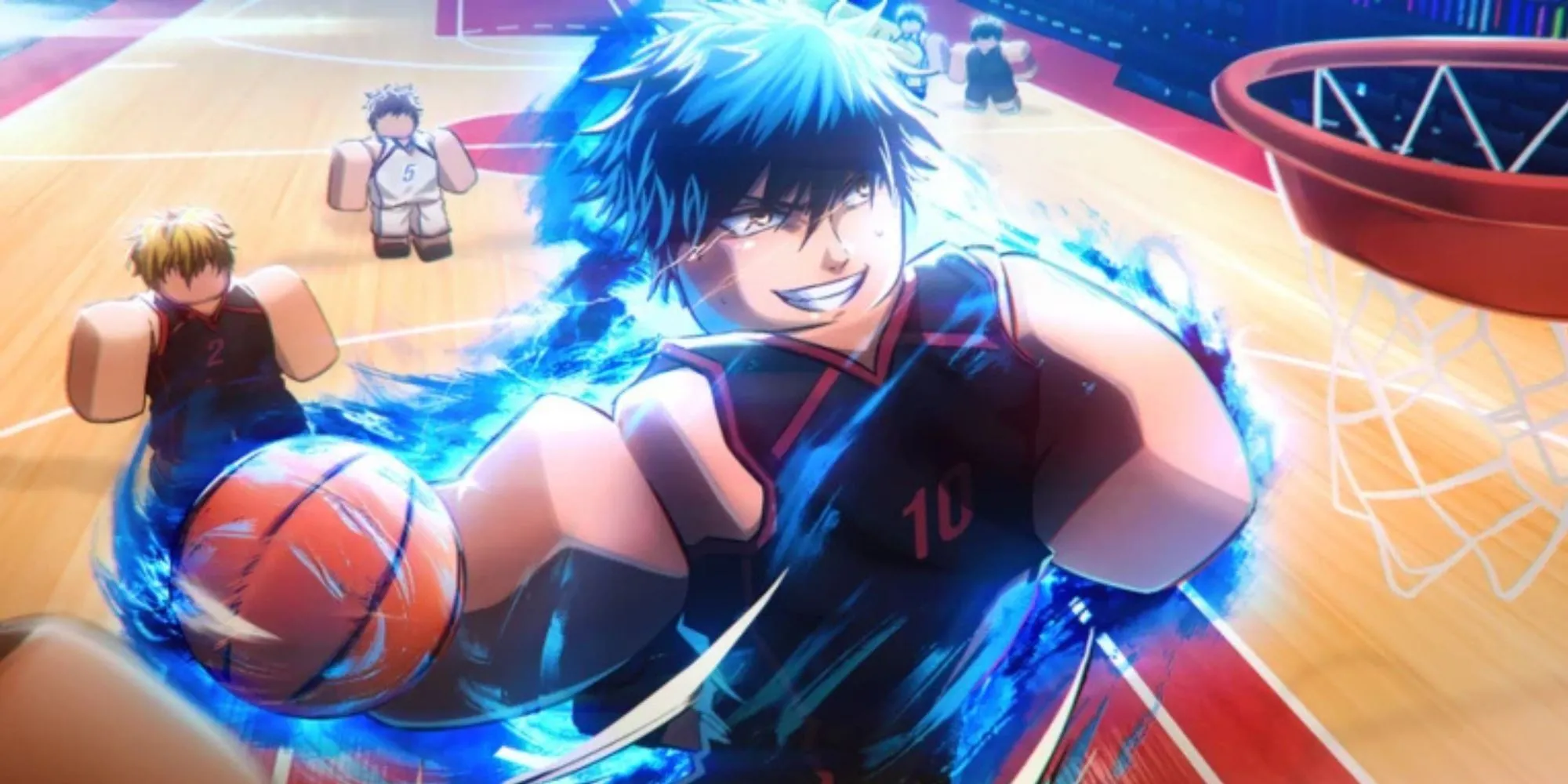 Giao diện chính của game Basketball Zero trên nền tảng Roblox, hiển thị các cầu thủ trên sân bóng rổ.