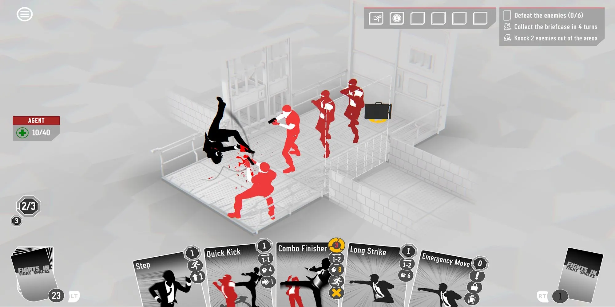 Giao diện game Fights in Tight Spaces với nhân vật di chuyển trên lưới ô vuông, hiển thị các lá bài chiến thuật