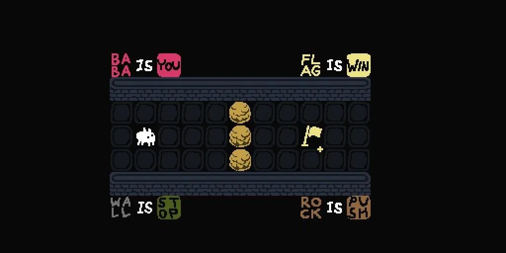 Giao diện game giải đố Baba is You trên thiết bị di động với các khối chữ và nhân vật Baba pixel art