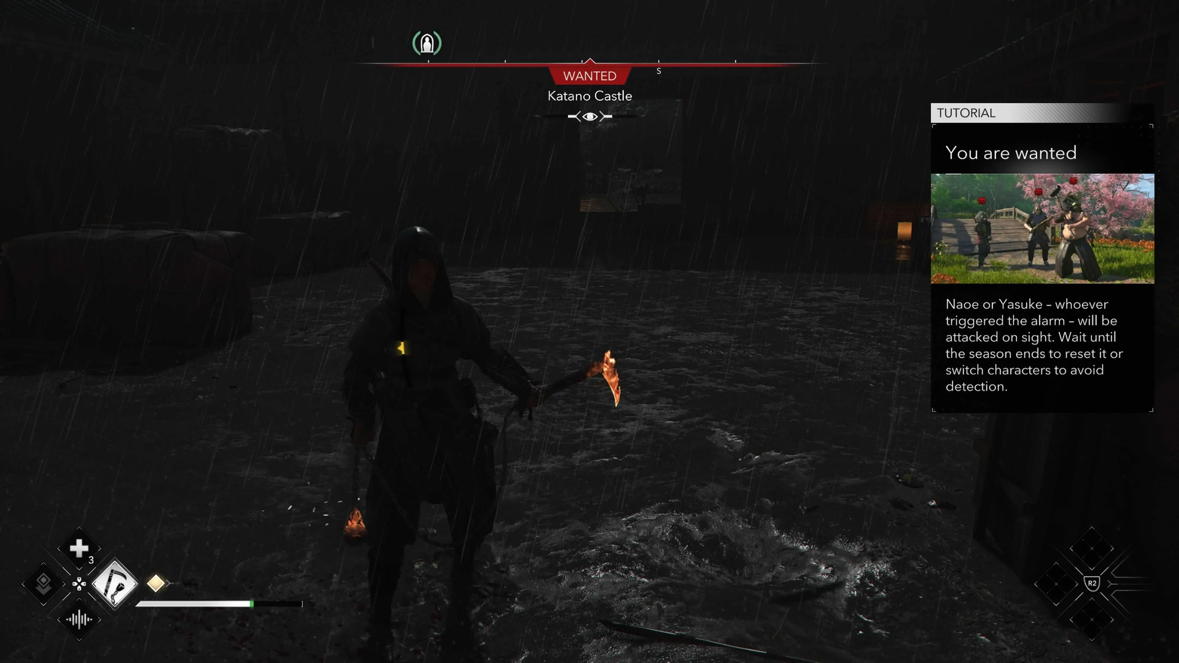 Giao diện hiển thị trạng thái truy nã của nhân vật trong Assassin's Creed Shadows.