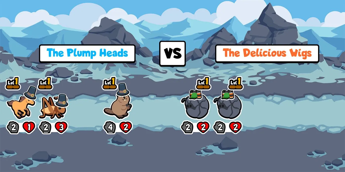 Giao diện một trận đấu trong game Super Auto Pets với các thẻ bài động vật