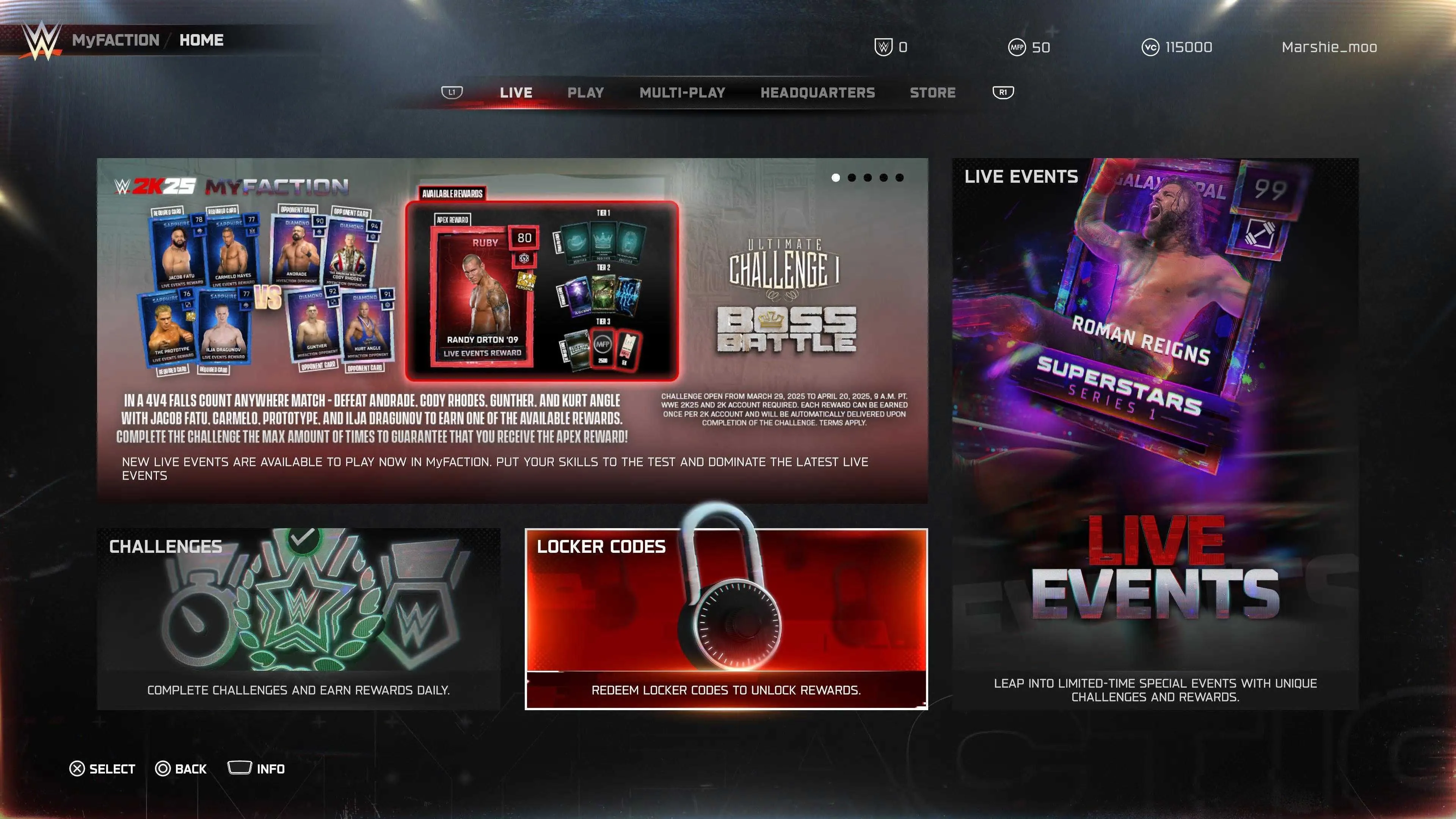 Giao diện mục 'Locker Codes' trong chế độ MyFaction của WWE 2K25 để nhập code