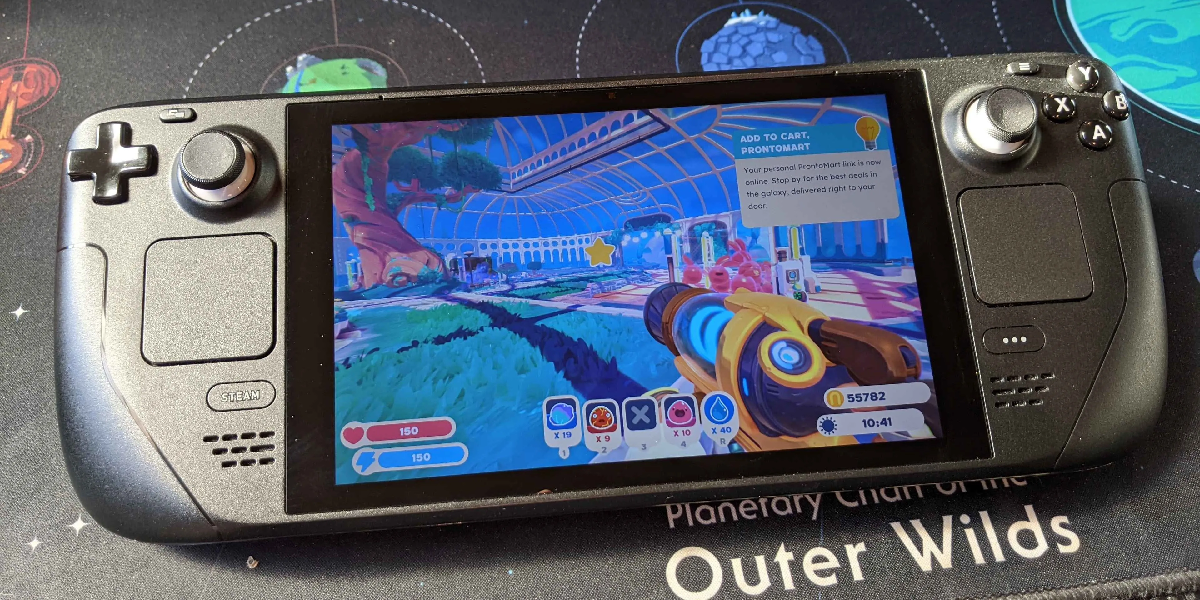 Giao diện người chơi trong Slime Rancher 2 trên Steam Deck với các chuồng nuôi Slime