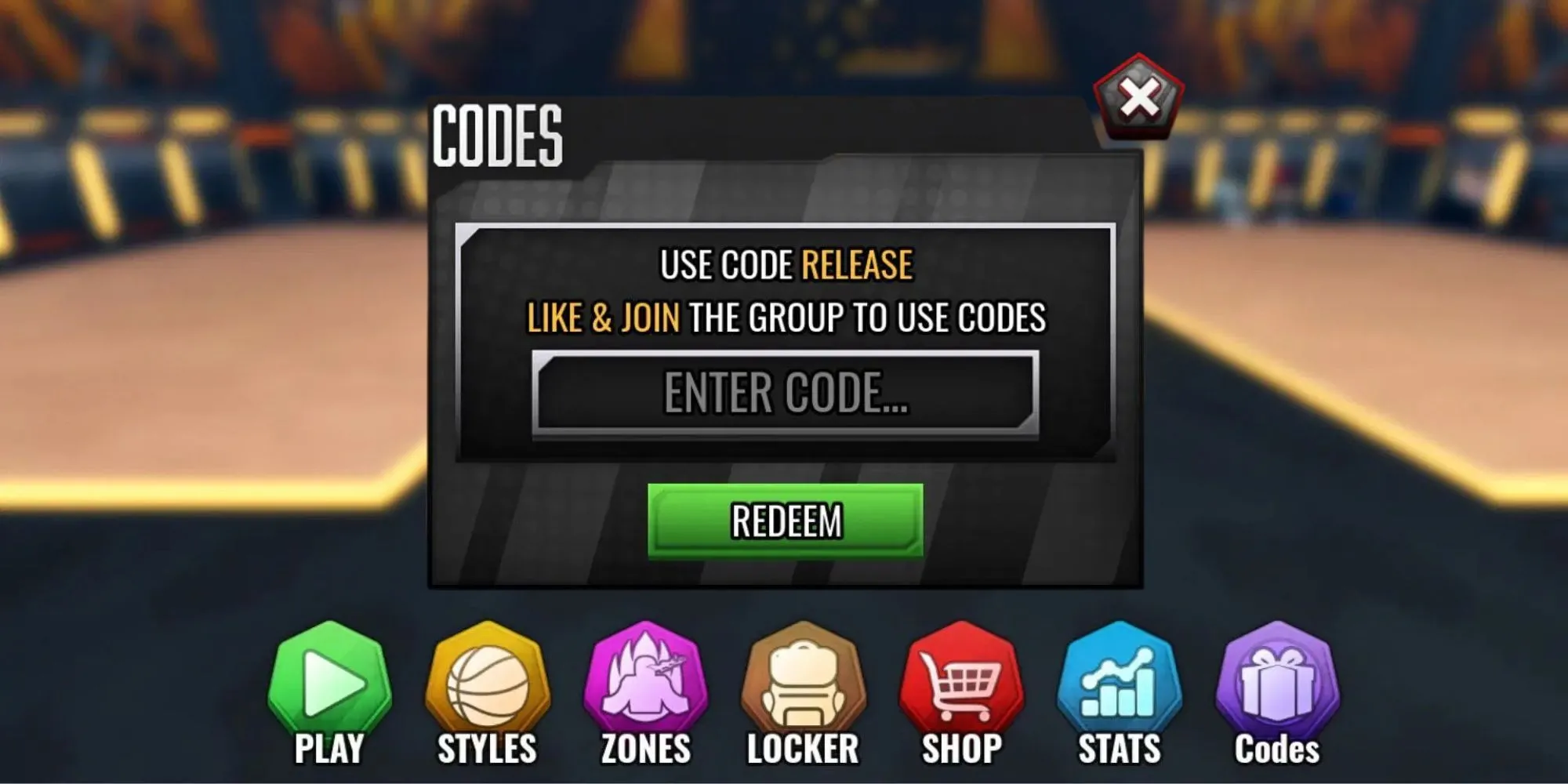 Giao diện nhập code trong game Basketball Zero trên nền tảng Roblox, với ô trống để người chơi điền mã code.