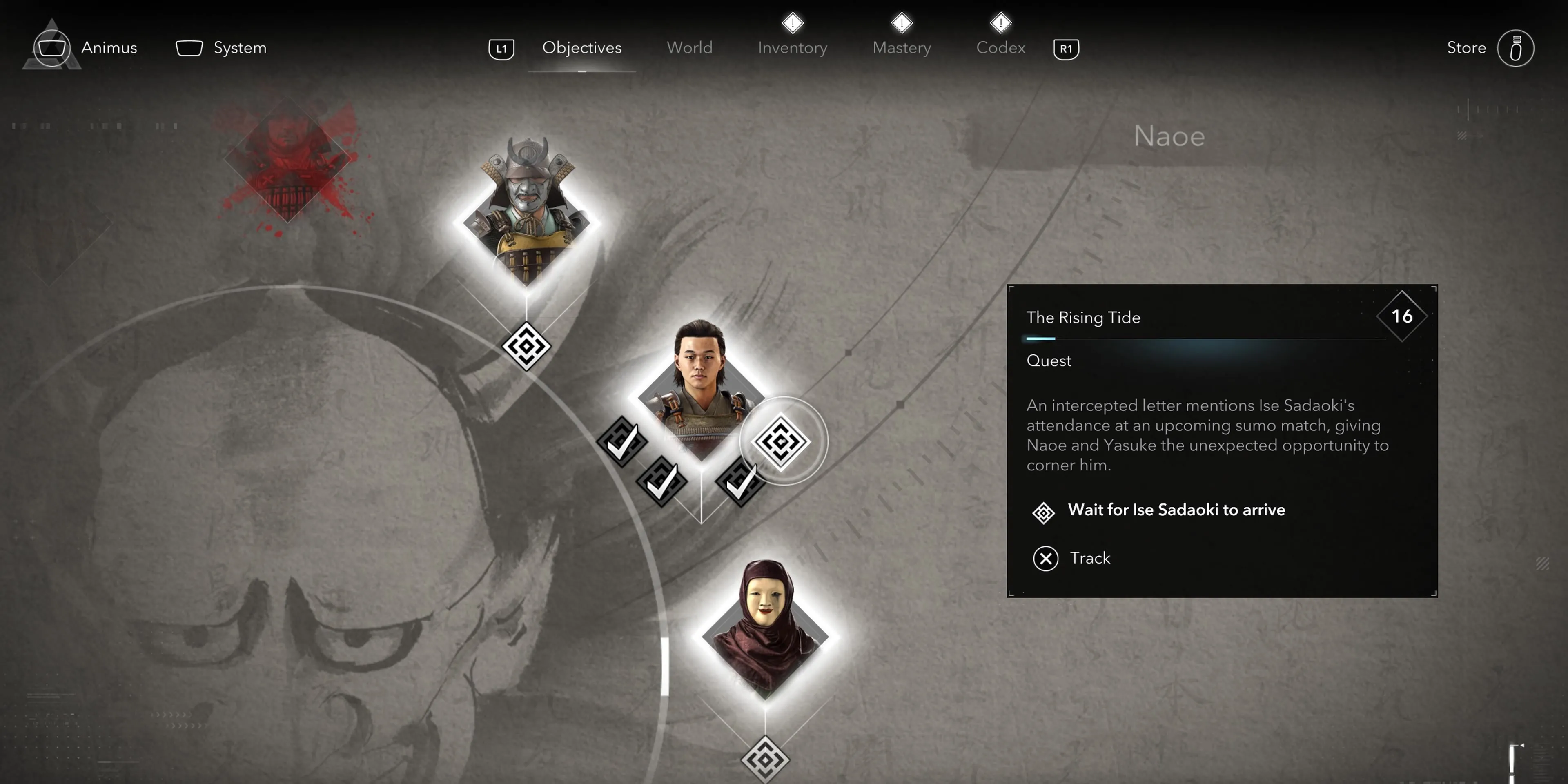 Giao diện nhiệm vụ Thủy Triều Dâng trong Assassin's Creed Shadows