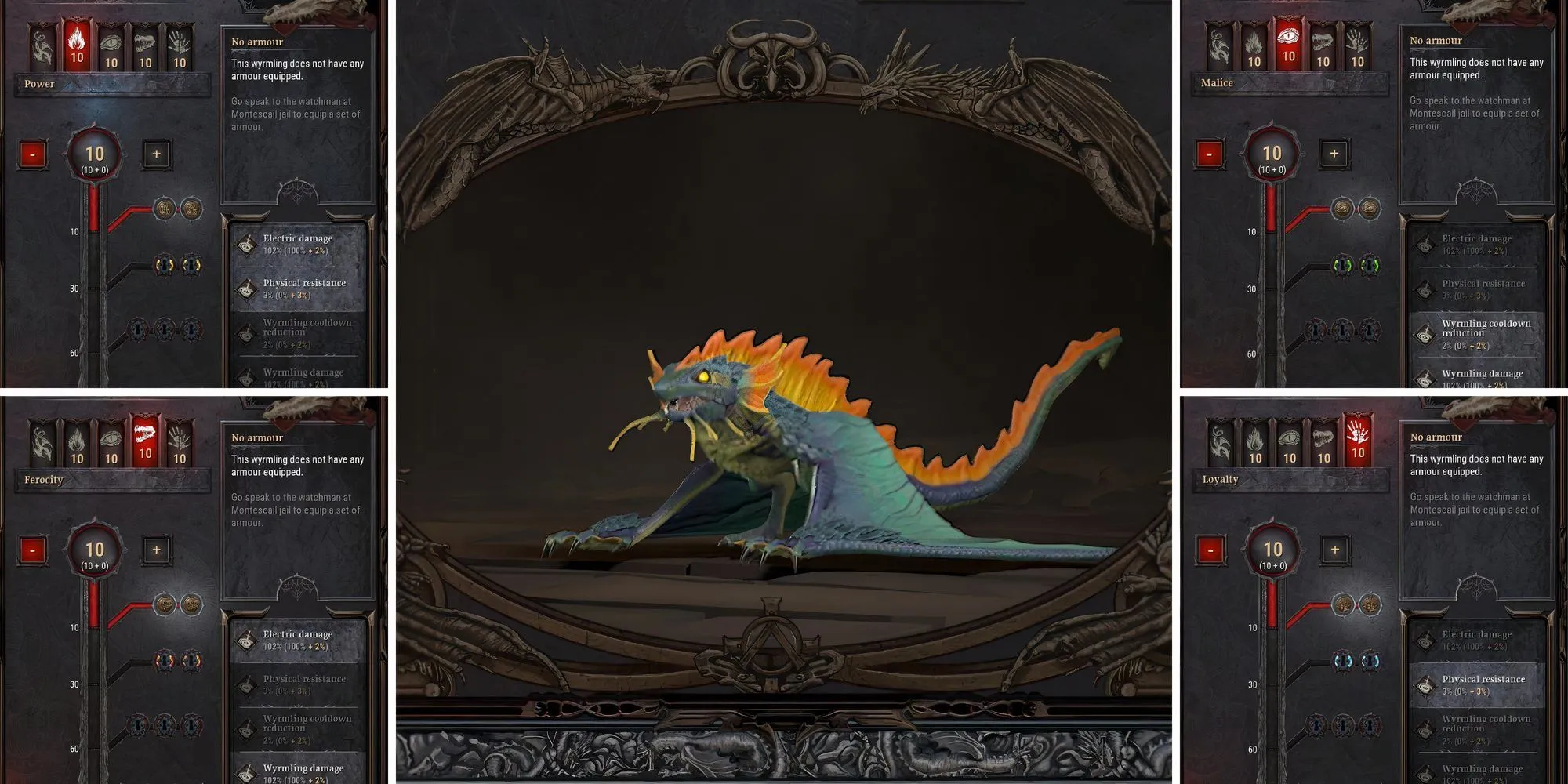 Giao diện tăng điểm kỹ năng cho Wyrmling trong Dragonkin The Banished với 4 cột thuộc tính