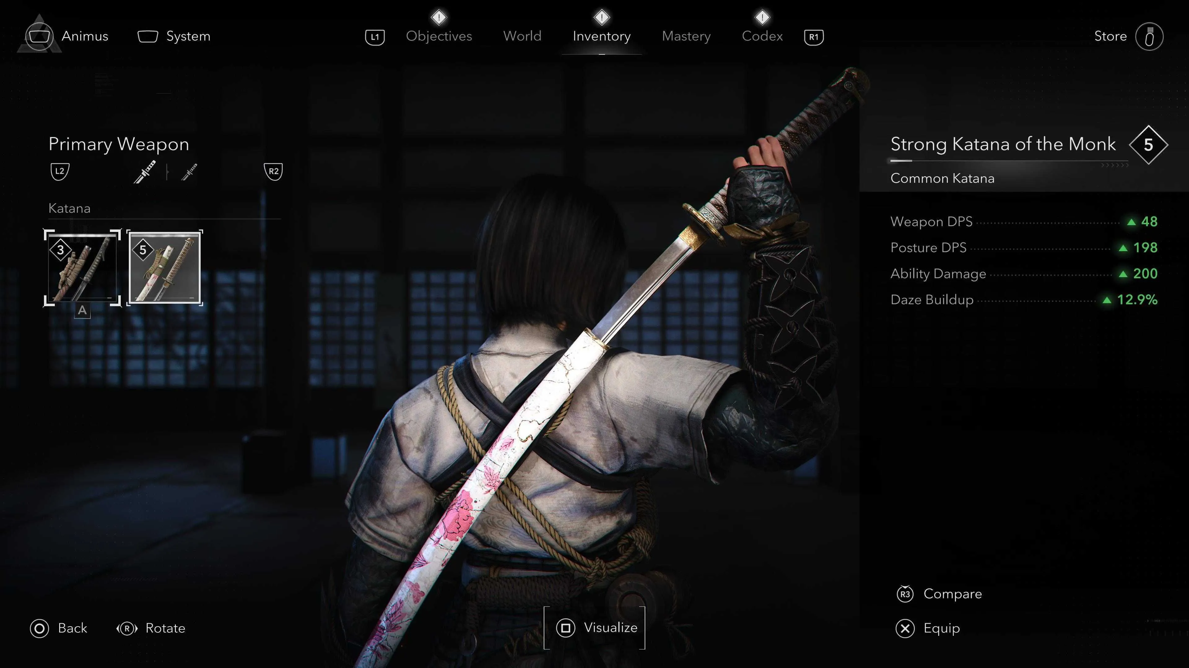 Giao diện thay đổi trang bị và tùy chỉnh ngoại hình nhân vật Naoe trong Assassin's Creed Shadows