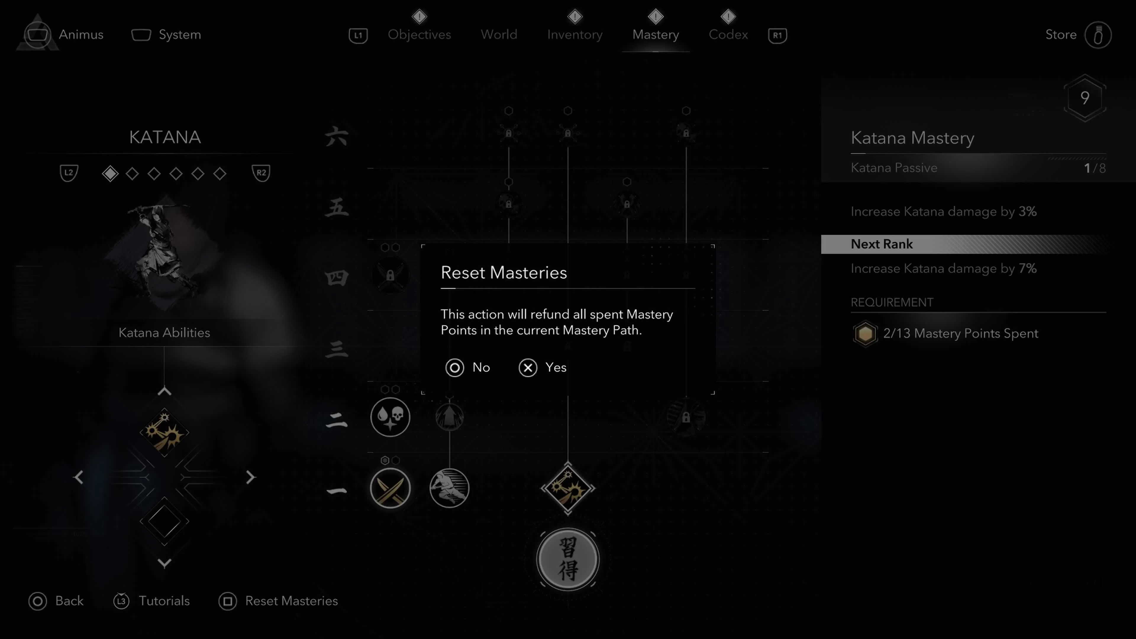 Giao diện Thông Thạo (Mastery) trong Assassin's Creed Shadows cho phép người chơi tẩy lại điểm kỹ năng.