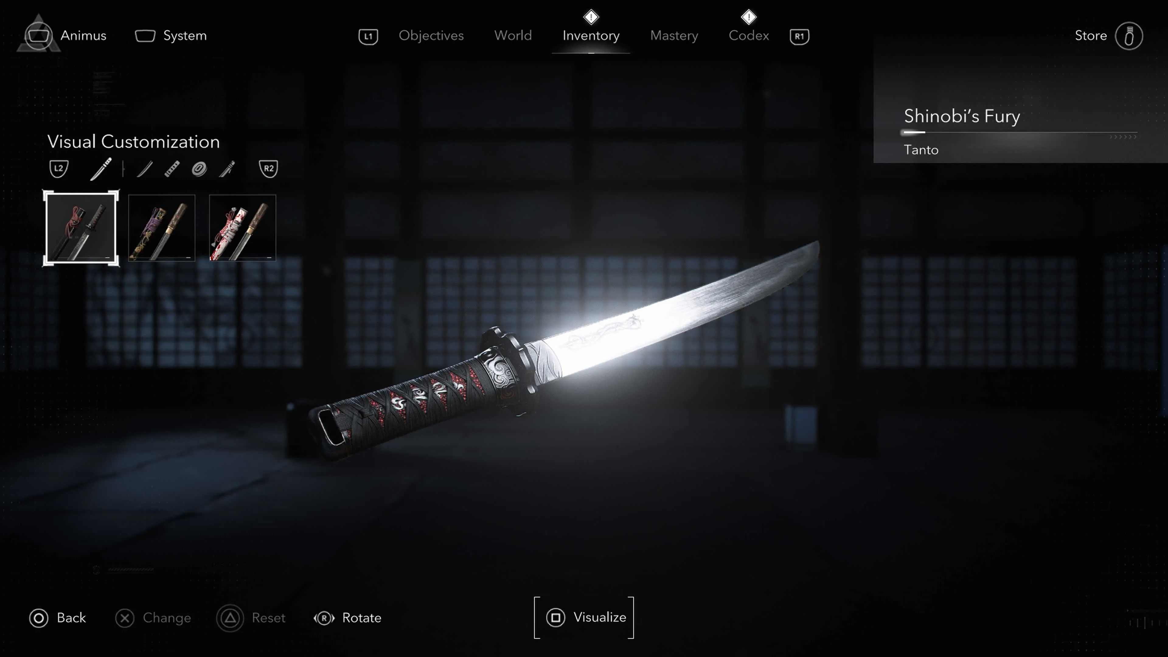 Giao diện tùy chỉnh ngoại hình trang bị trong Assassin's Creed Shadows cho phép thay đổi vẻ ngoài vũ khí.