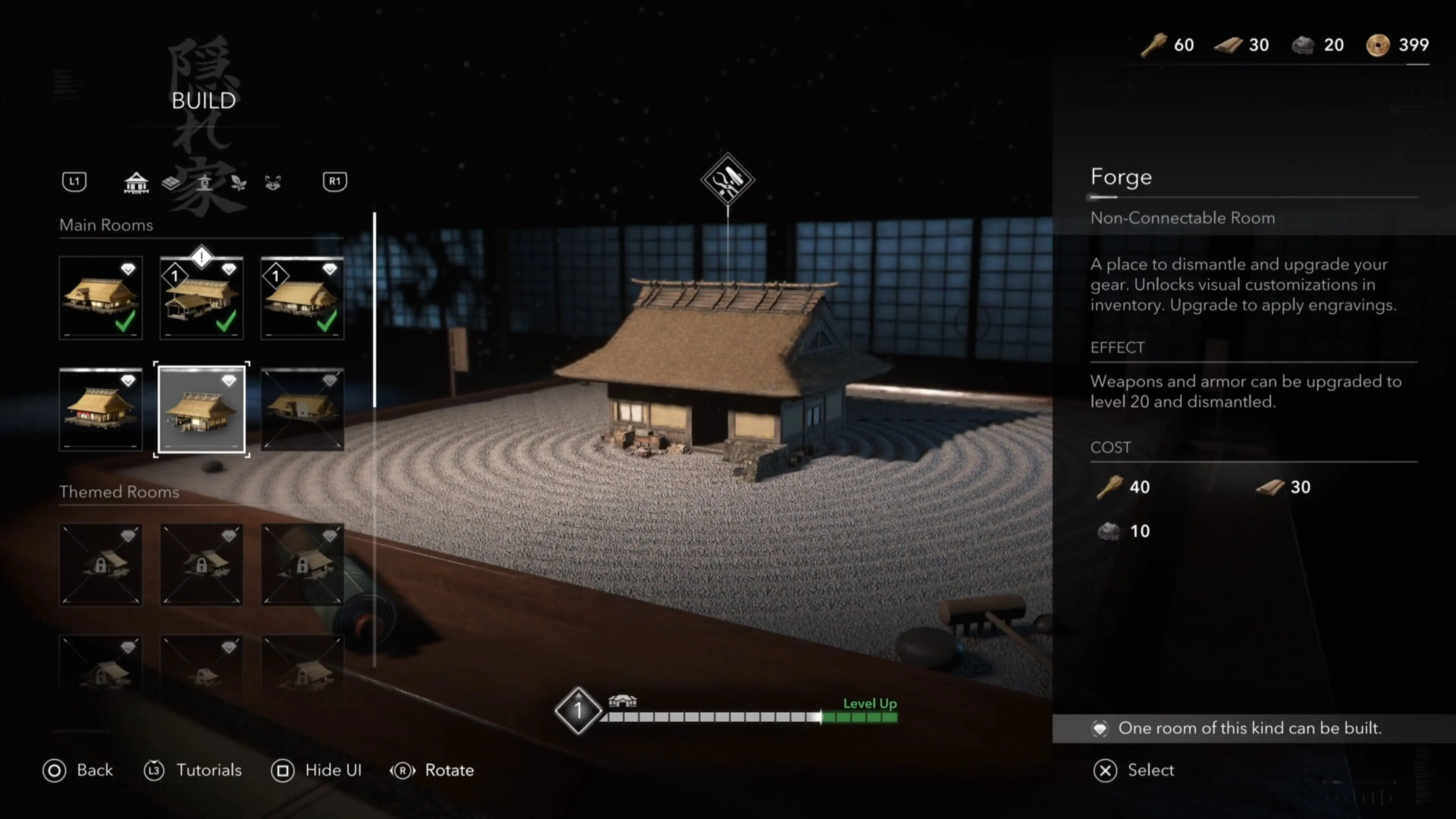 Giao diện xây dựng lò rèn trong Assassin's Creed Shadows với Naoe