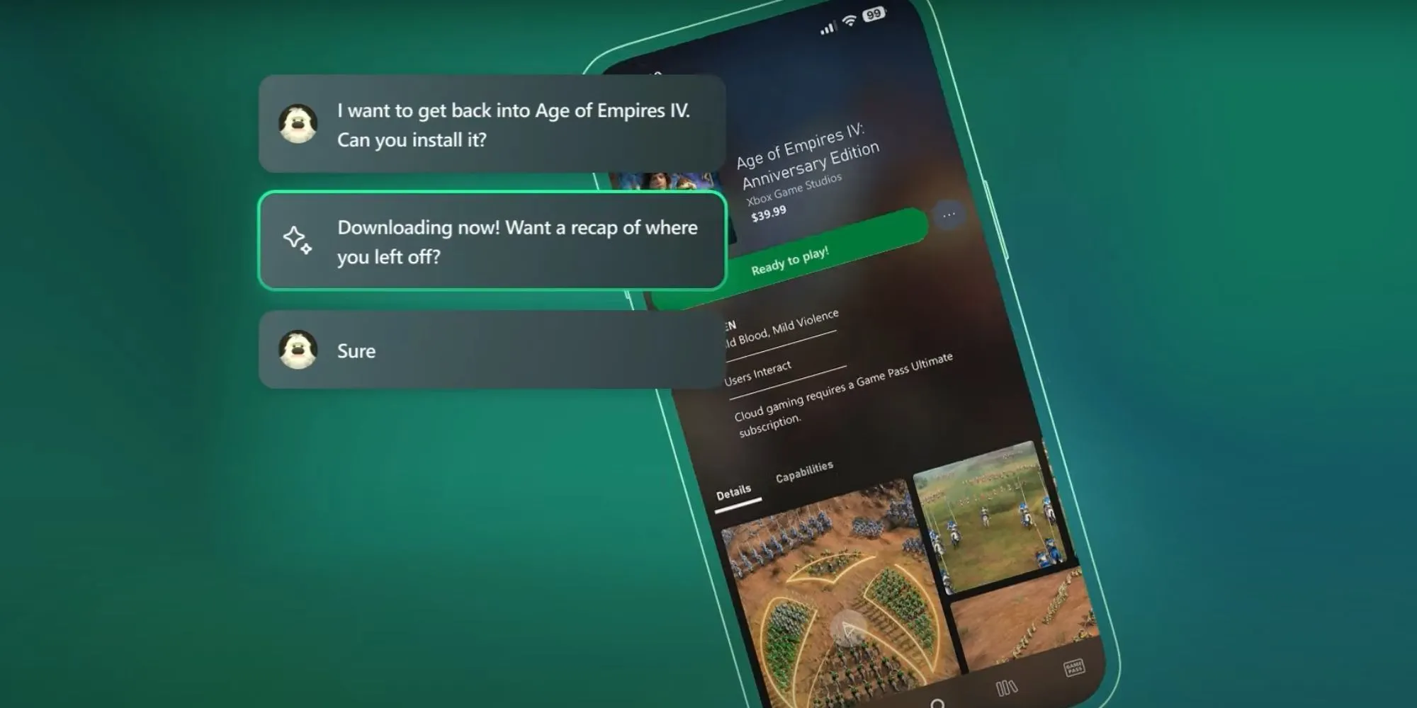 Giao diện Xbox hiển thị trợ lý AI Copilot đang xử lý yêu cầu cài đặt Age of Empires IV và đề xuất tóm tắt tiến độ.