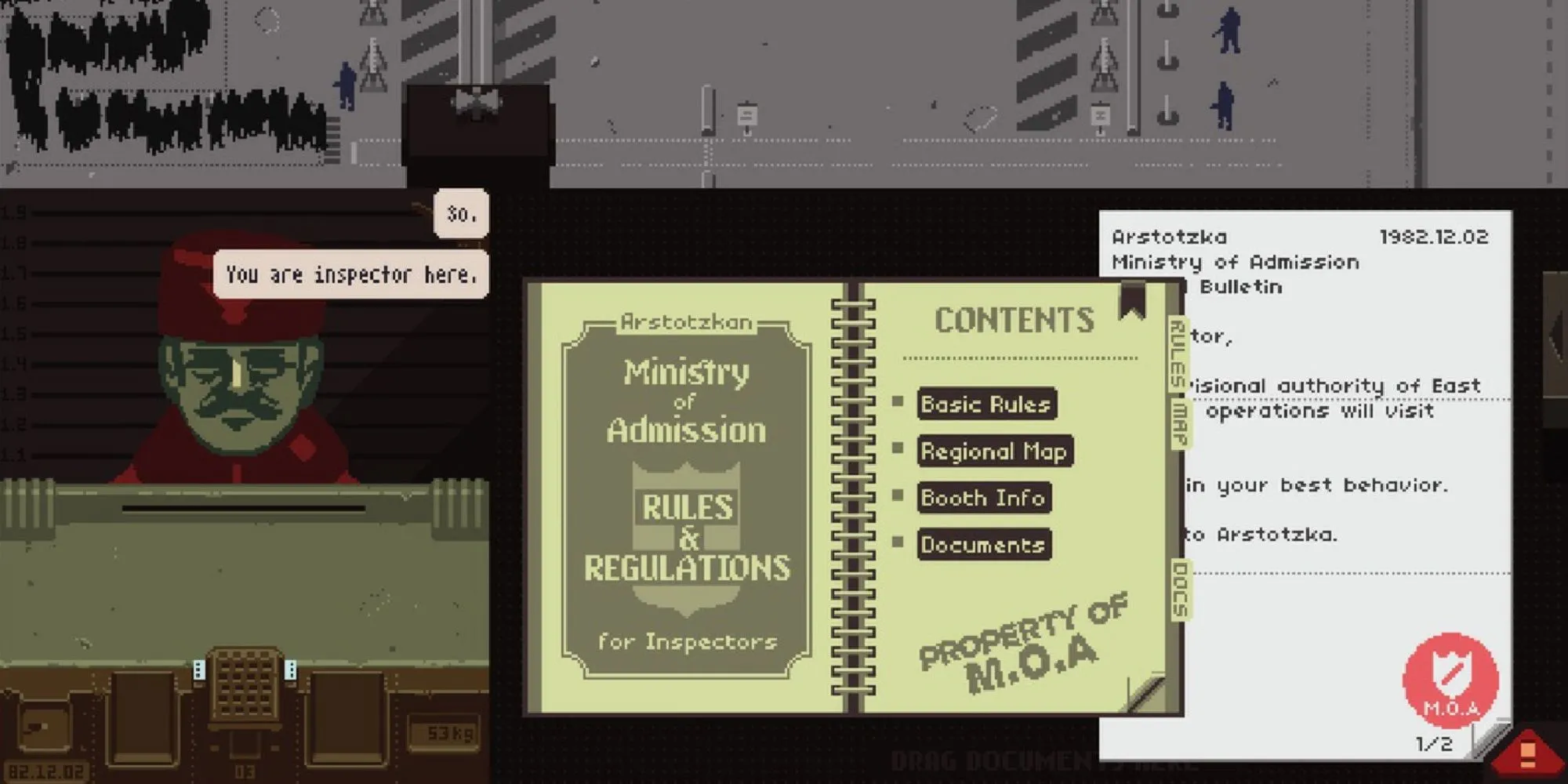 Góc nhìn màn hình làm việc của nhân viên kiểm soát biên giới trong Papers Please