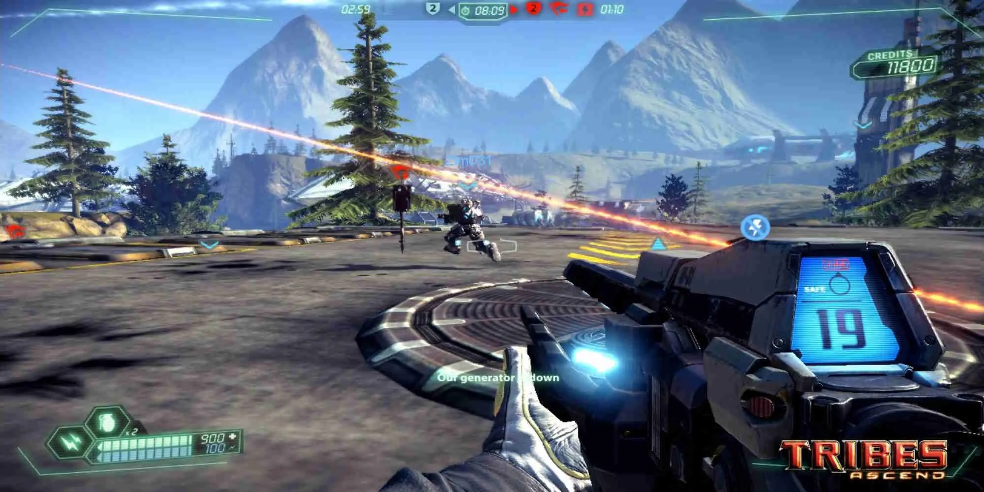 Góc nhìn người chơi di chuyển tốc độ cao trong bản đồ tuyết trắng của game Tribes: Ascend, thể hiện lối chơi di chuyển độc đáo