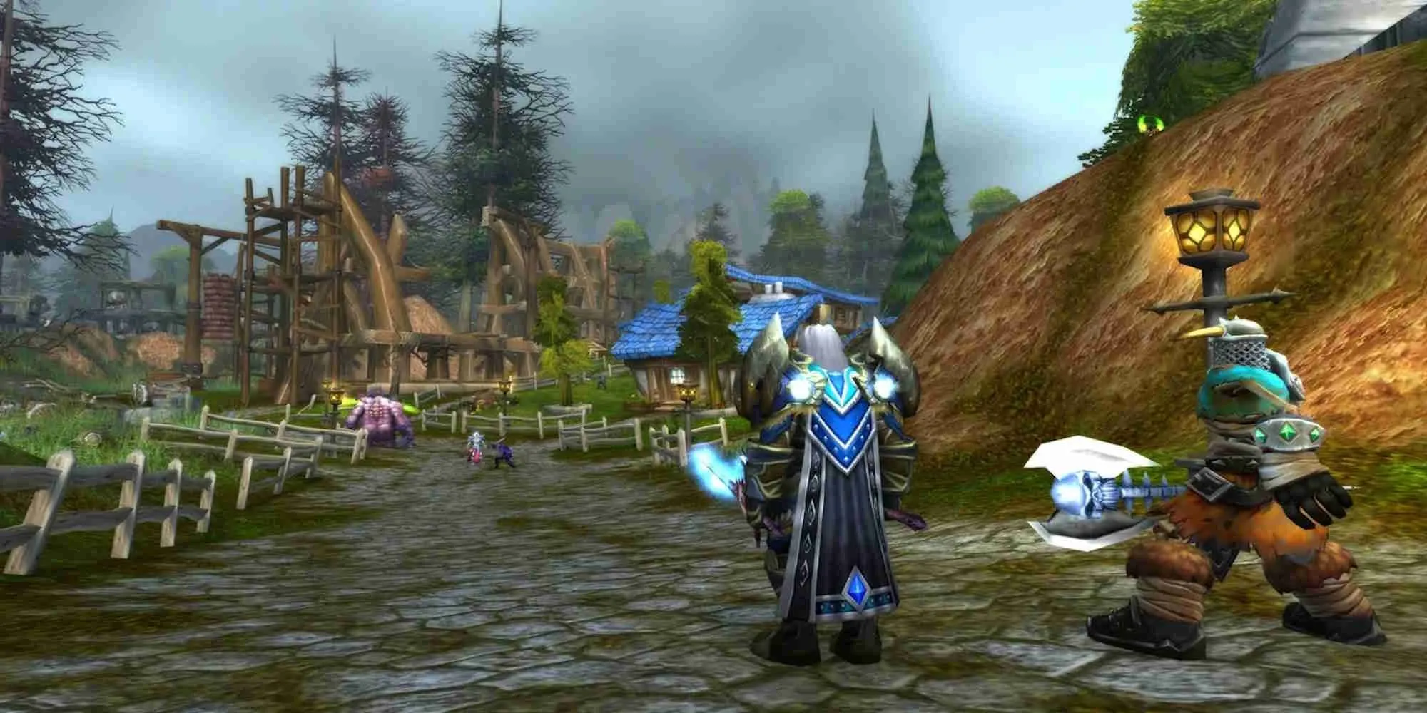 Góc nhìn toàn cảnh chiến trường Warsong Gulch trong game World of Warcraft, nơi phe Liên Minh và phe Tộc đối đầu để cướp cờ