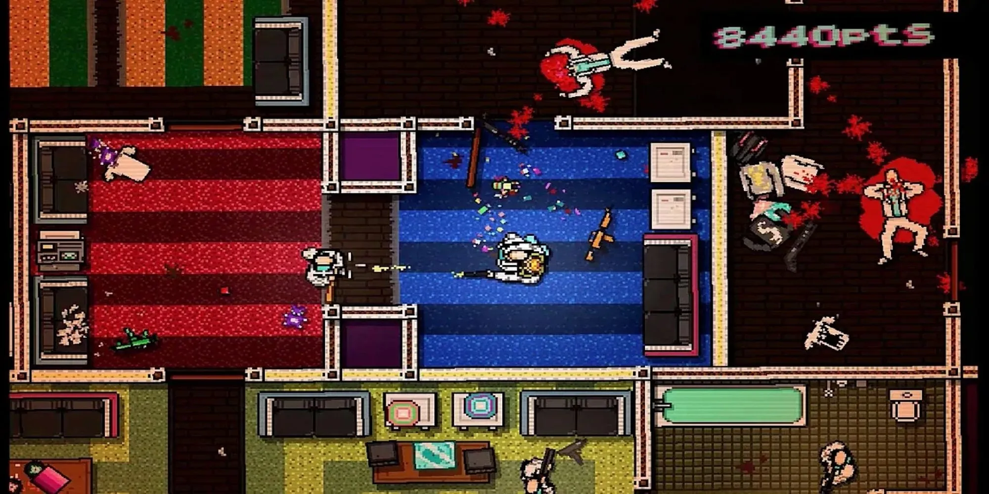 Góc nhìn từ trên xuống trong game Hotline Miami với nhân vật chính đang đối đầu với kẻ địch trong một căn phòng