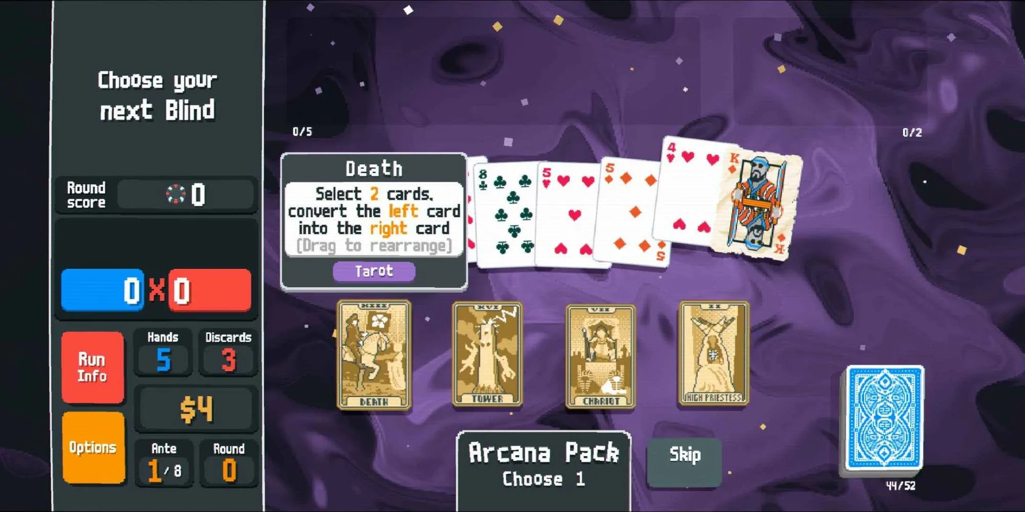 Gói Arcana Pack trong Balatro hiển thị nhiều lá bài tarot với hiệu ứng đặc biệt