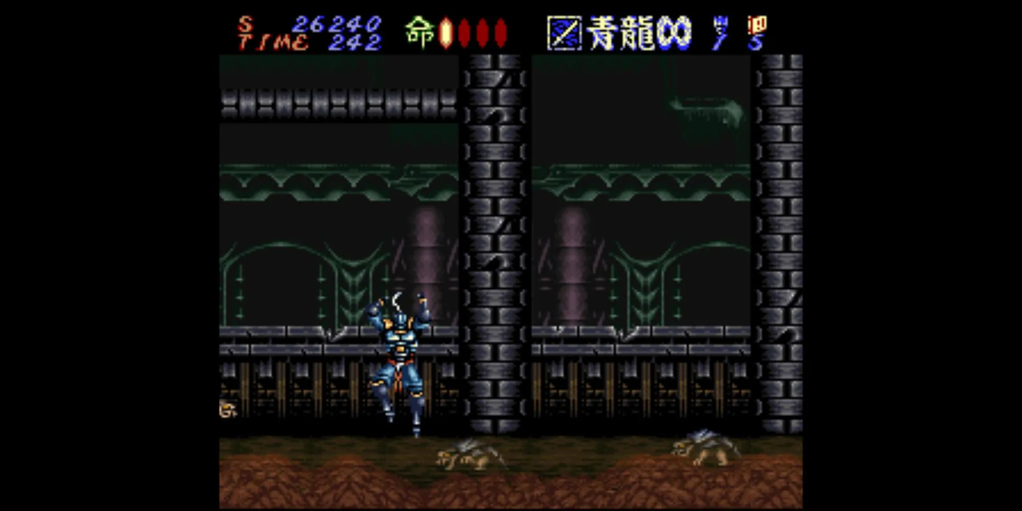 Hagane, cyborg ninja, sử dụng kiếm trong một màn chiến đấu tốc độ cao của game Hagane: The Final Conflict trên SNES.