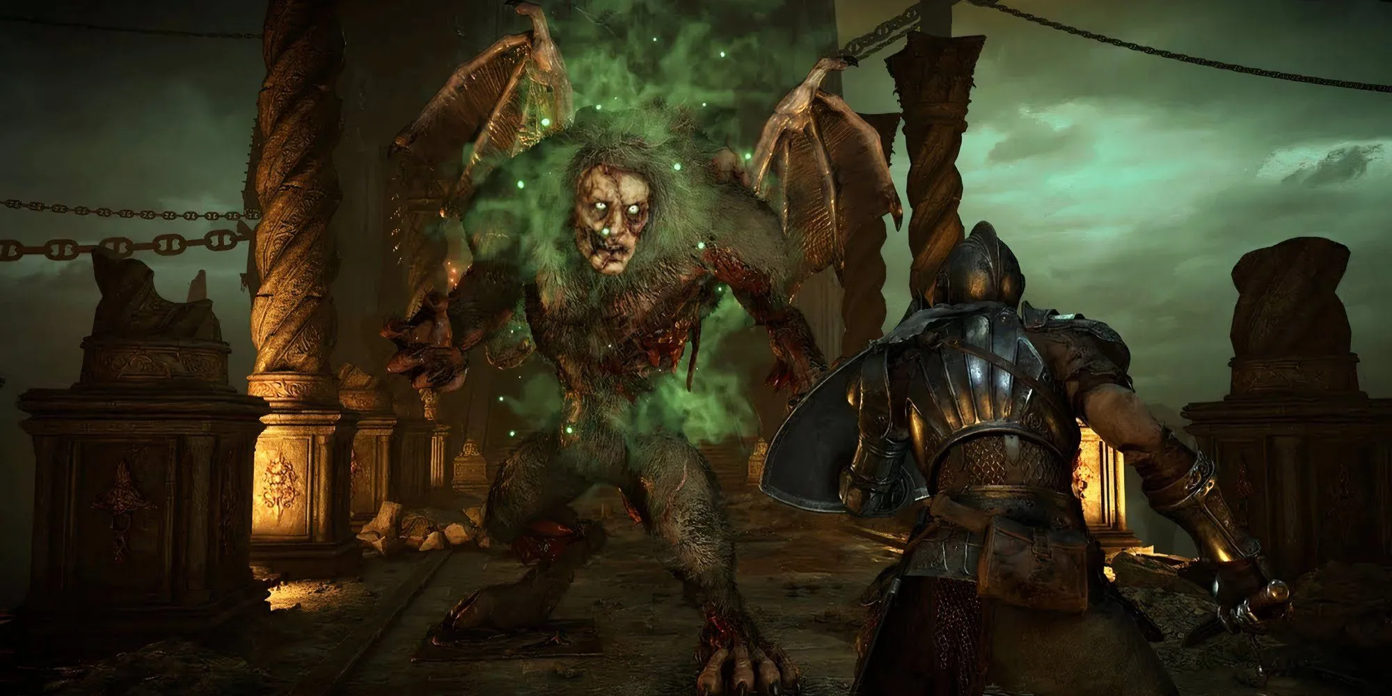 Hai con Maneater có cánh đang bay lượn trên một cây cầu hẹp trong Demon's Souls, một trong số chúng đang phun lửa.