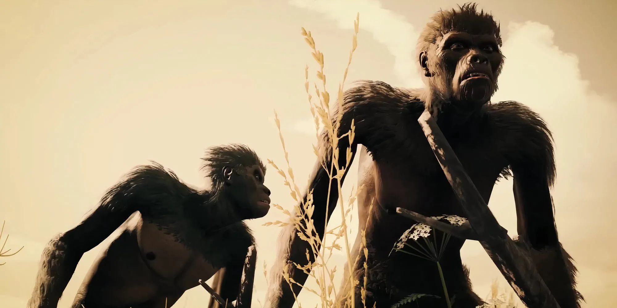 Hai con vượn người đứng bên ngoài trong game Ancestors The Humankind Odyssey