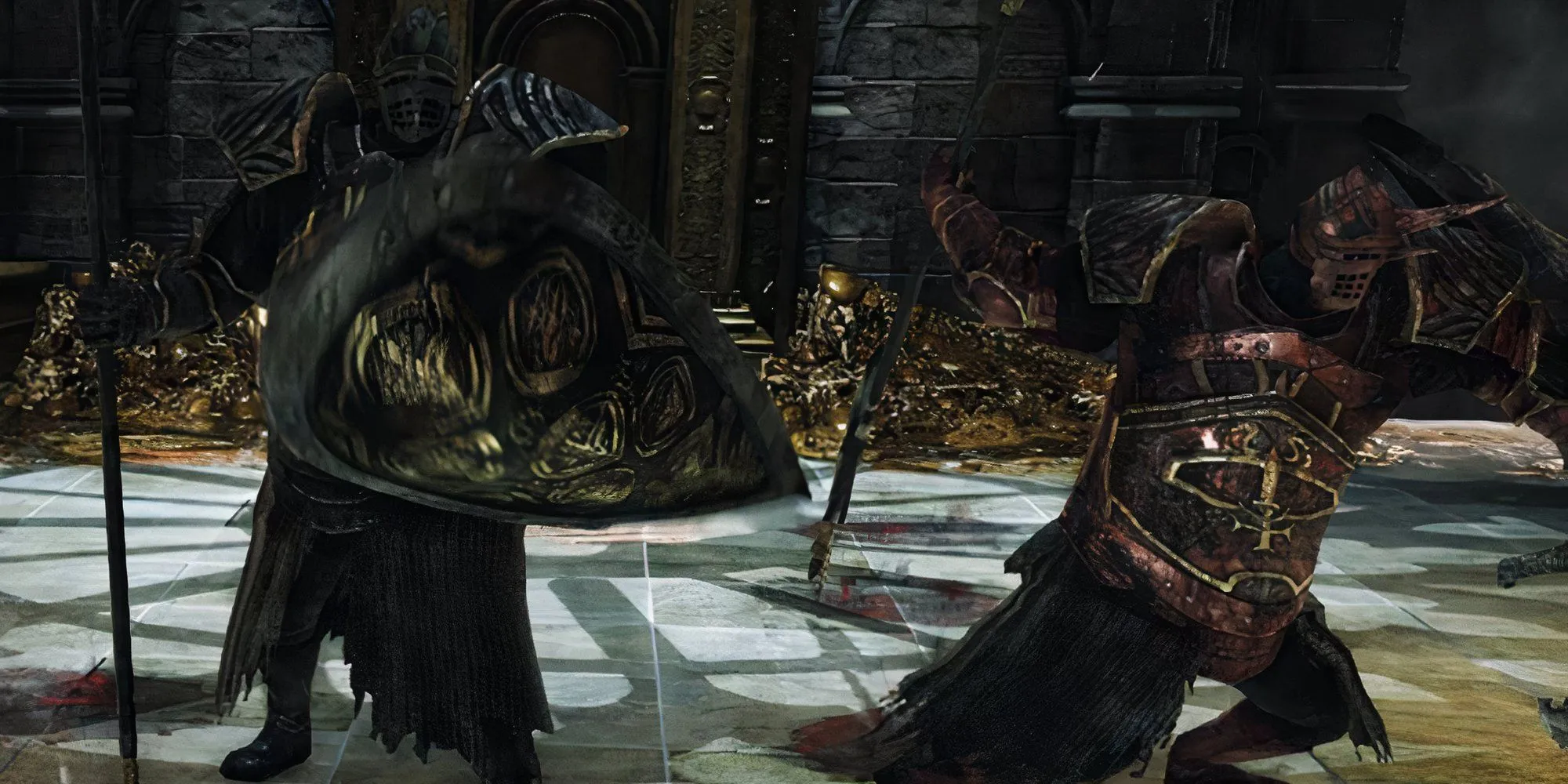 Hai Dragonrider trong Dark Souls 2, một người đứng trên bục cao và một người ở dưới, không có con rồng nào cả.