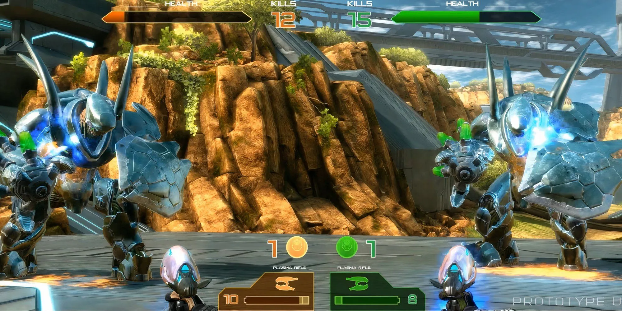 Hai người chơi cùng chiến đấu với Hunters bằng súng Plasma Rifle trong game thùng Halo Fireteam Raven