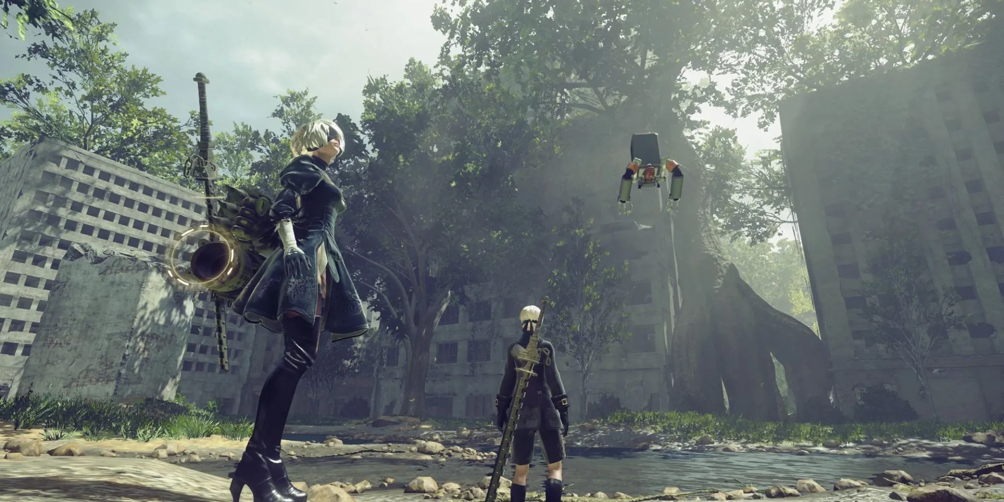 Hai nhân vật 2B và 9S trong thế giới hoang tàn của NieR Automata, thể hiện bầu không khí cô lập tương tự Clair Obscur