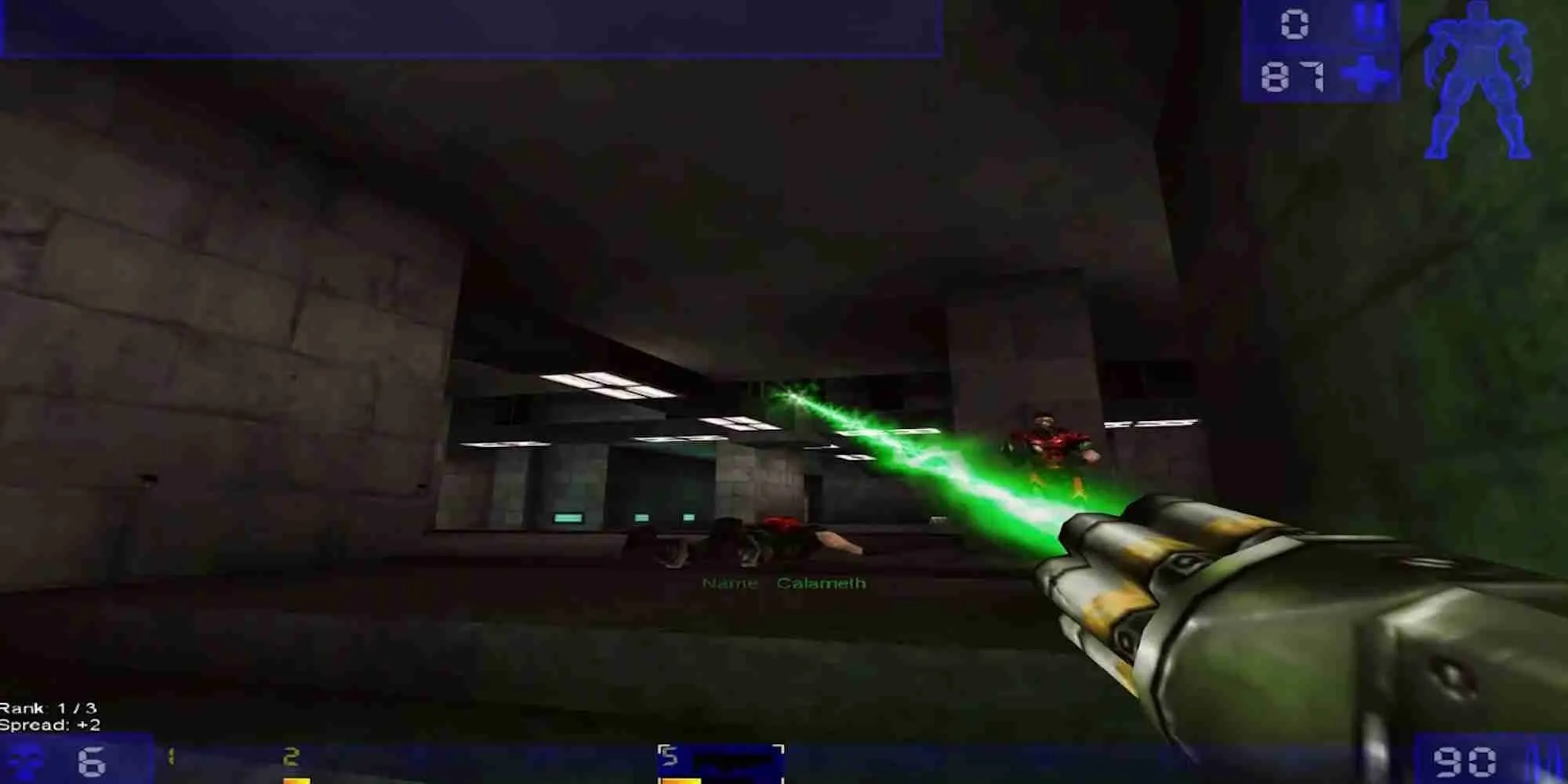 Hai nhân vật chiến đấu trên bản đồ Facing Worlds nổi tiếng của Unreal Tournament, với hai tháp cao và cầu nối ở giữa