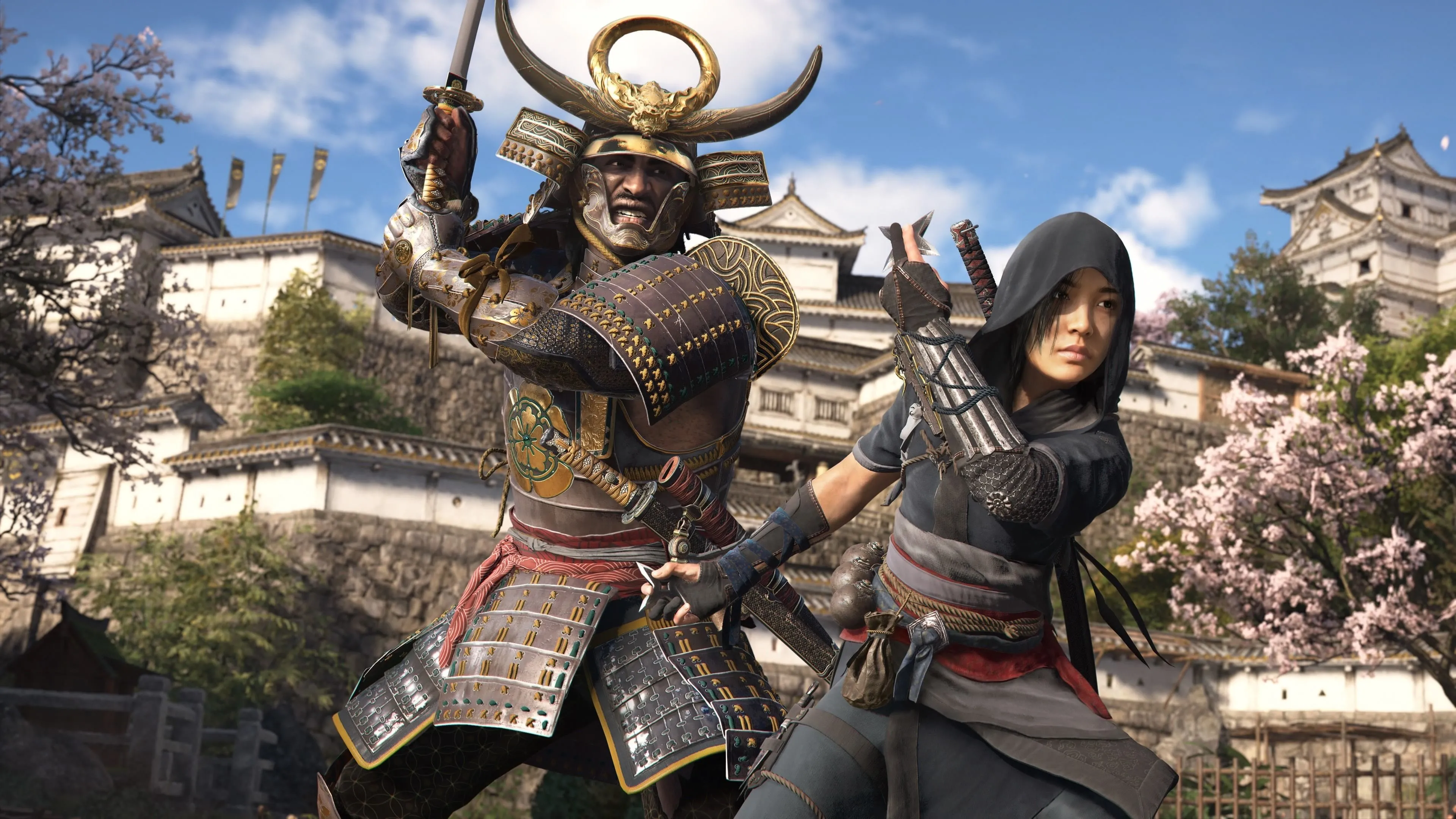 Hai nhân vật chính Naoe và Yasuke đứng cạnh nhau trong Assassin's Creed Shadows
