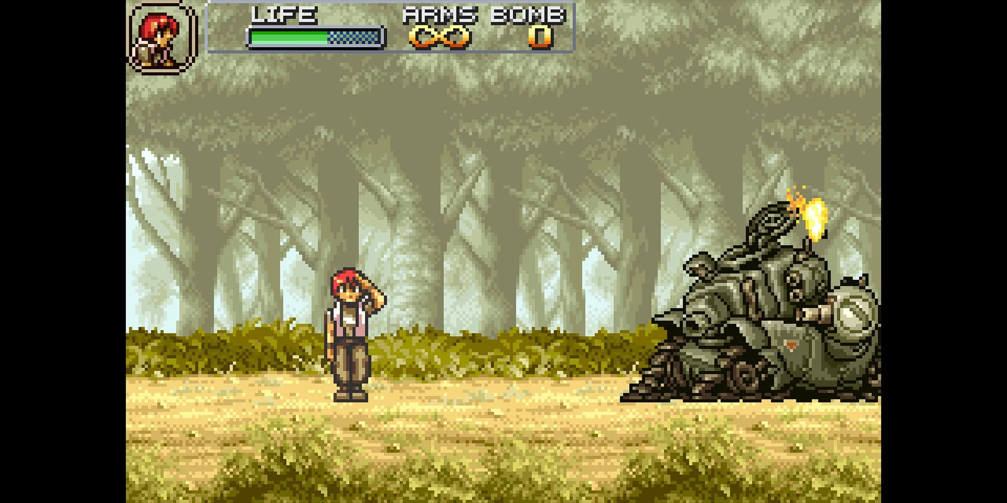 Hai nhân vật chính trong Metal Slug Advance chạy và bắn