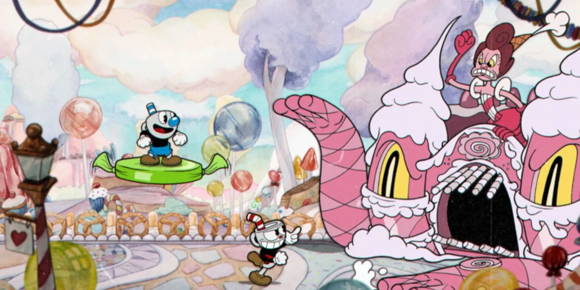 Hai nhân vật Cuphead và Mugman cùng nhau chiến đấu boss trong game Cuphead
