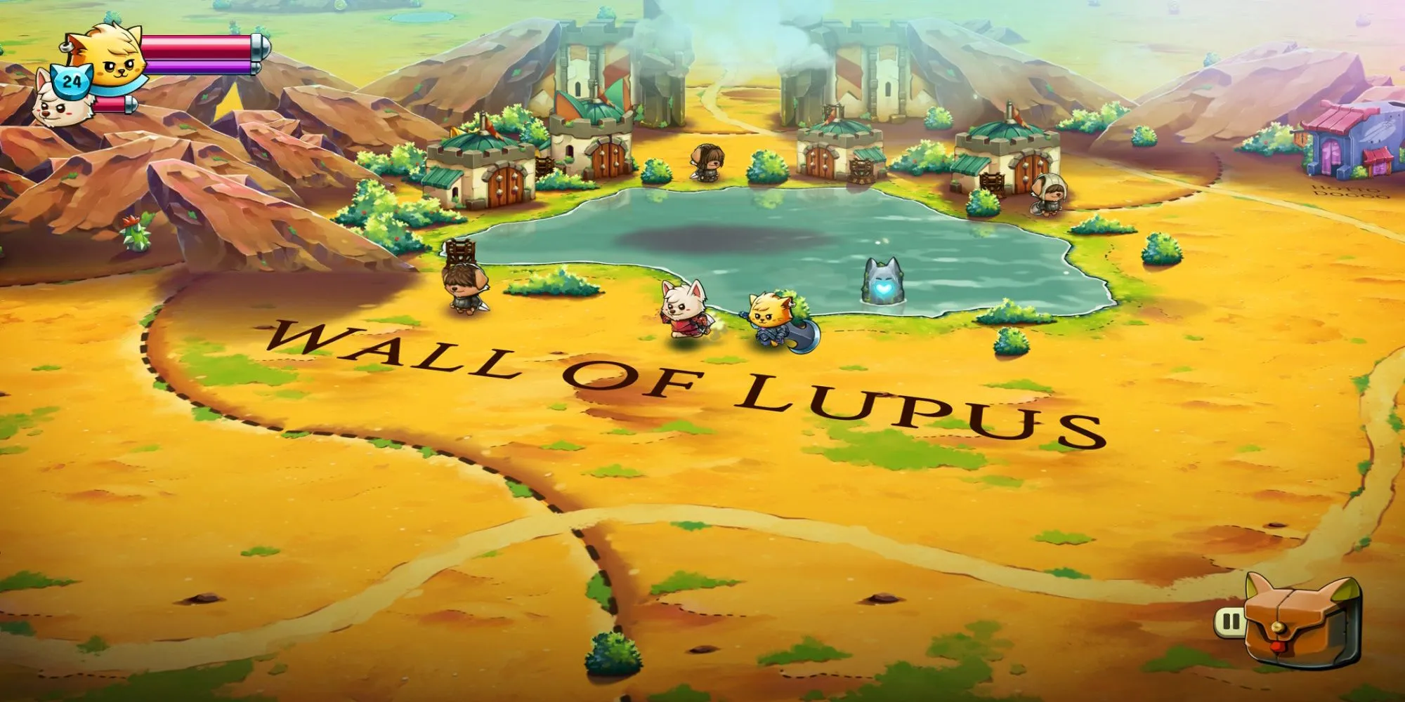 Hai nhân vật mèo trong Cat Quest 2 đang chiến đấu với quái vật trong một thế giới đầy màu sắc và đáng yêu