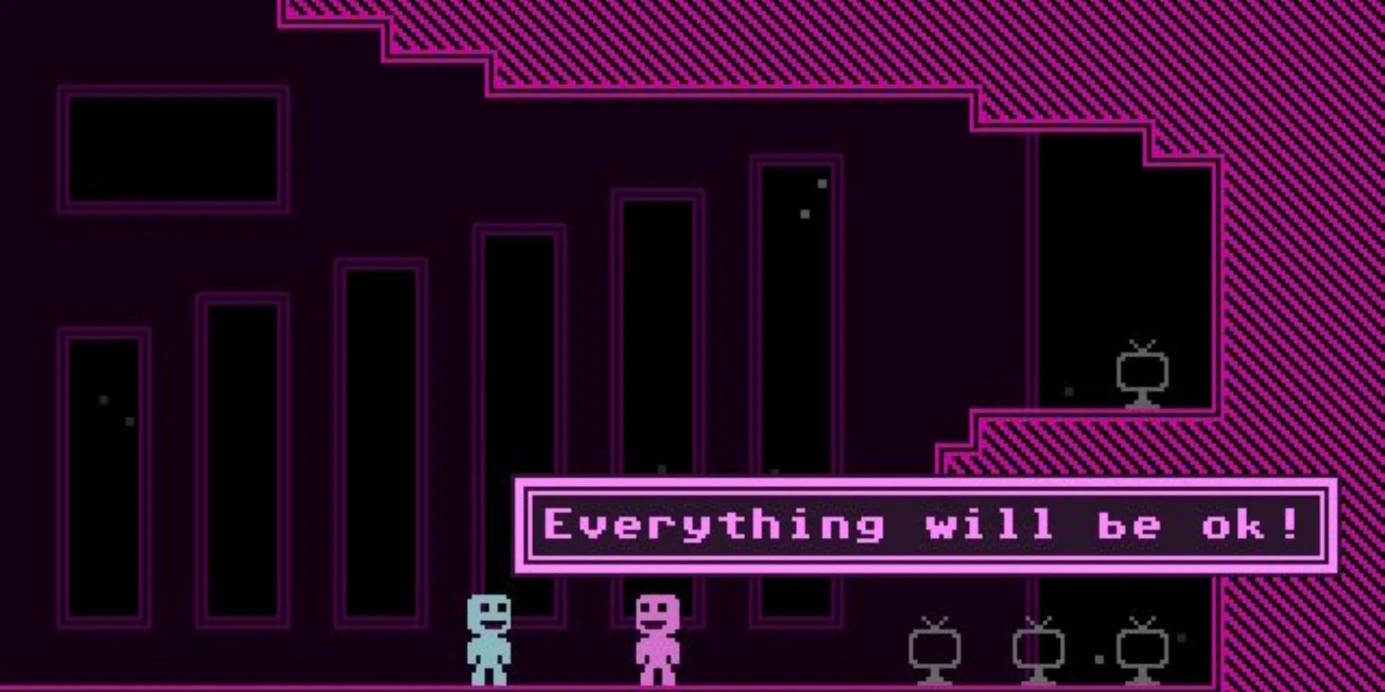 Hai nhân vật pixel art trong game VVVVVV đang tương tác, nền màu sắc rực rỡ nhưng đơn giản