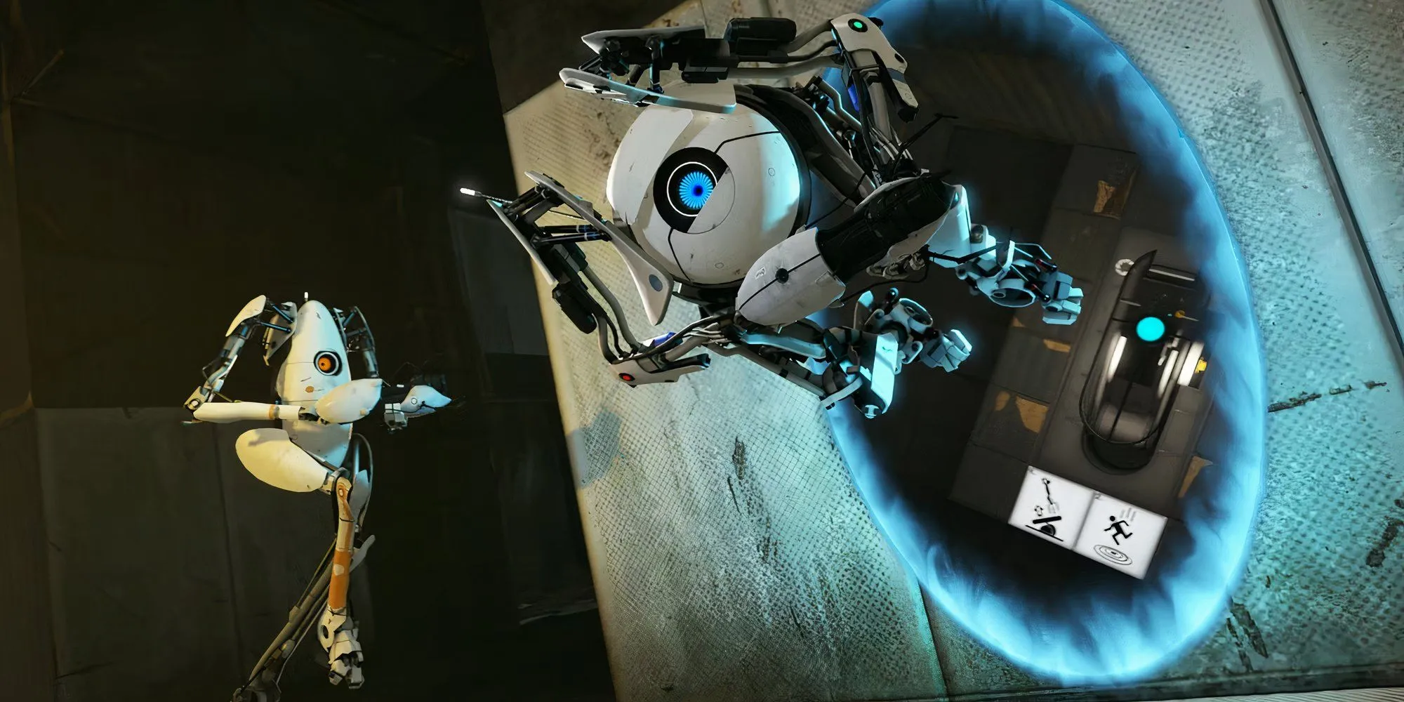 Hai robot Atlas và P-Body nhảy ra khỏi cổng dịch chuyển trong game Portal 2