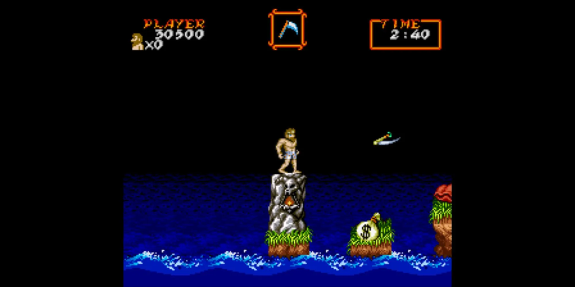 Hiệp sĩ Arthur trong bộ giáp của mình đối mặt với quái vật trong màn chơi của Super Ghouls 'N Ghosts trên SNES.